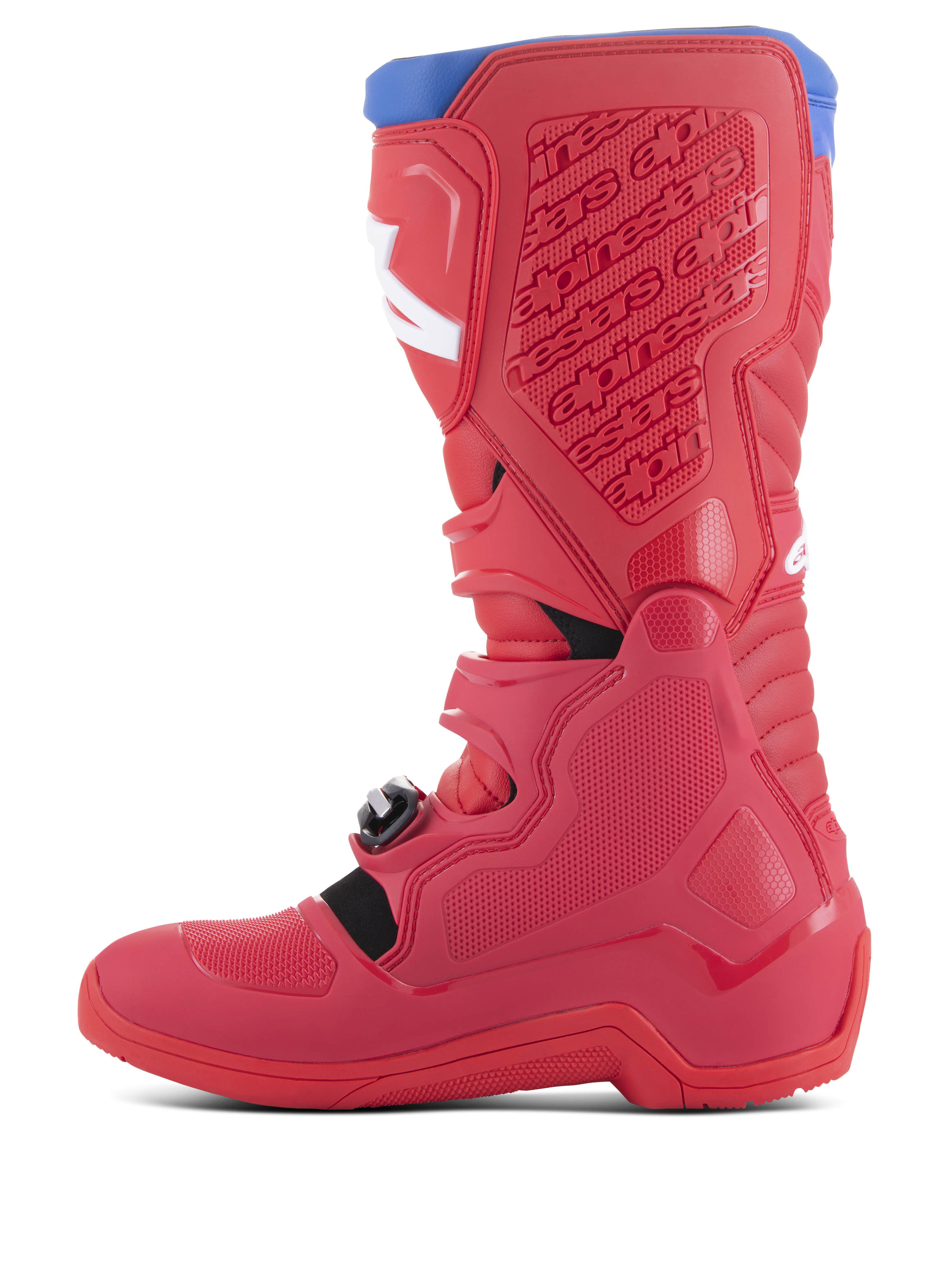 Alpinestars Tech 5 Boots, Motocross Boots, Bright Red and Dark Red with Alpine Blue accents, side view showing multi-panel construction, protective polymer plates, white logos, and buckle system for off-road riding.