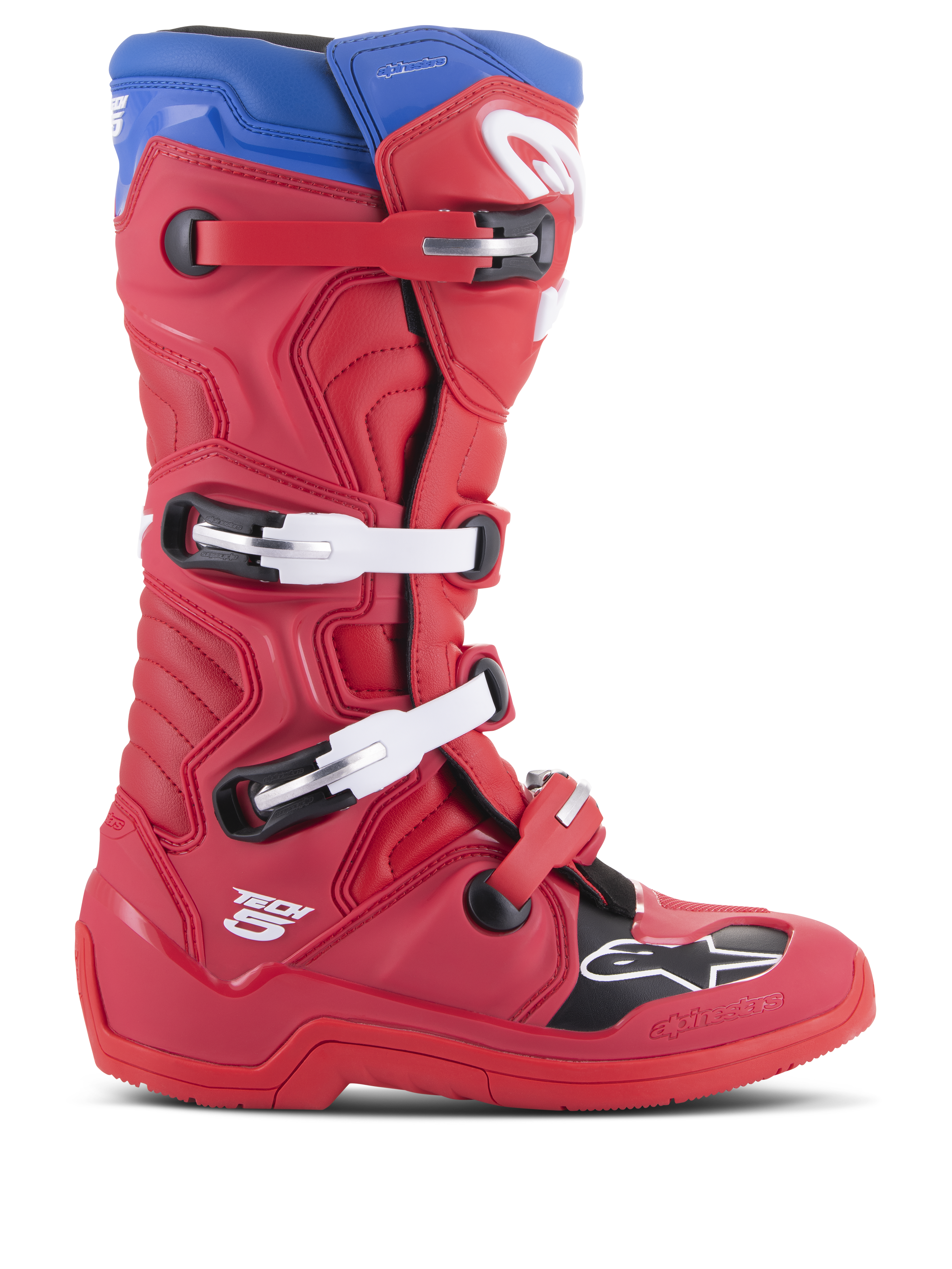 Alpinestars Tech 5 Boots, Motocross Racing Boots, Bright Red and Alpine Blue, side profile with four-buckle closure system, reinforced toe box with black panel and white logo, durable microfiber chassis for off-road protection
