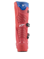 Alpinestars Tech 5 Boots, Motocross Boots, Bright Red, Dark Red, and Alpine Blue, rear view showing the heel, accordion flex zones, and blue top gaiter, with visible buckles and branding