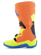 Alpinestars Tech 5 Boots, Motocross Boots, Orange Fluo, Enamel Blue, and Yellow Fluo, side profile view showing the biomechanical pivot system, contoured polymer structure, and durable microfiber chassis for off-road performance.