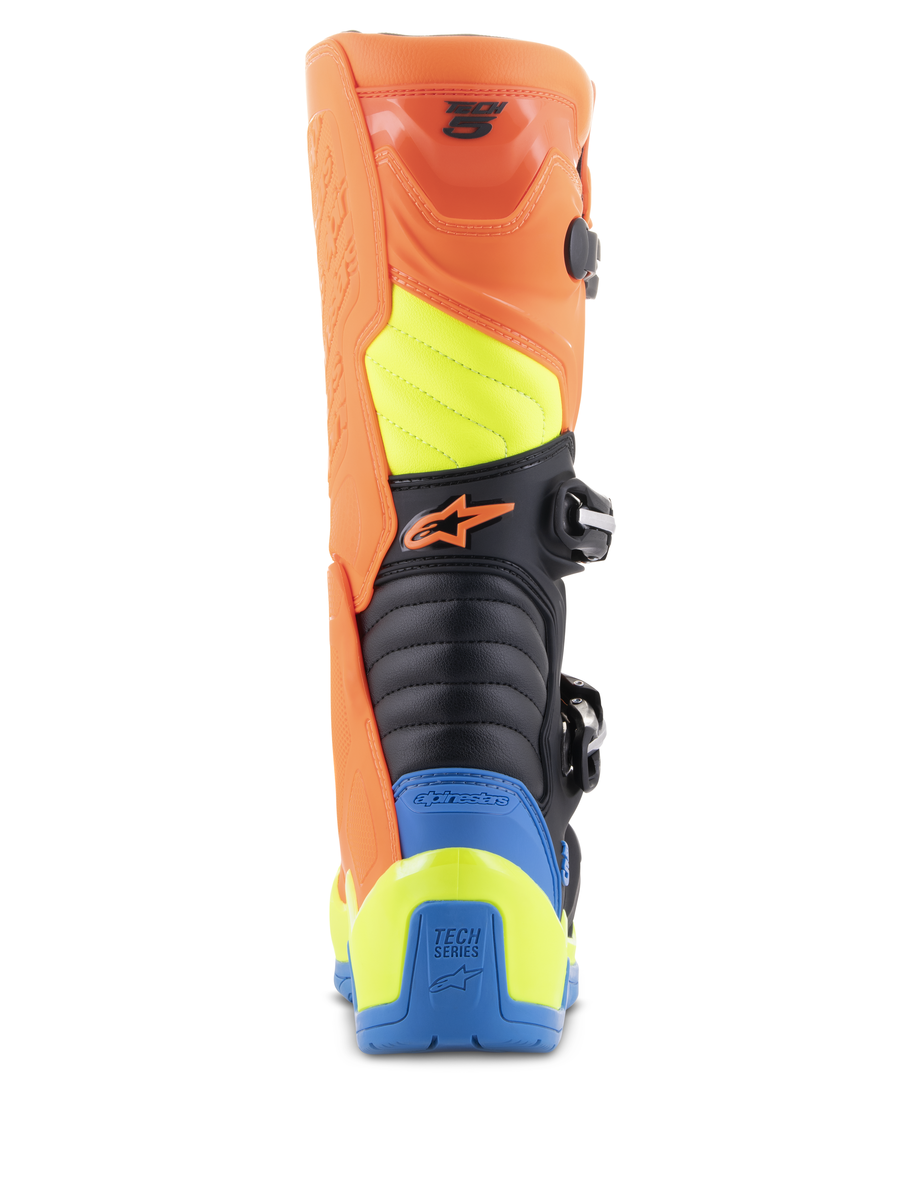 Alpinestars Tech 5 Boots, Motocross Boots, Orange Fluo, Enamel Blue and Yellow Fluo, rear view showing accordion flex zones, durable polymer calf protector, and bold multi-color panel design for off-road racing