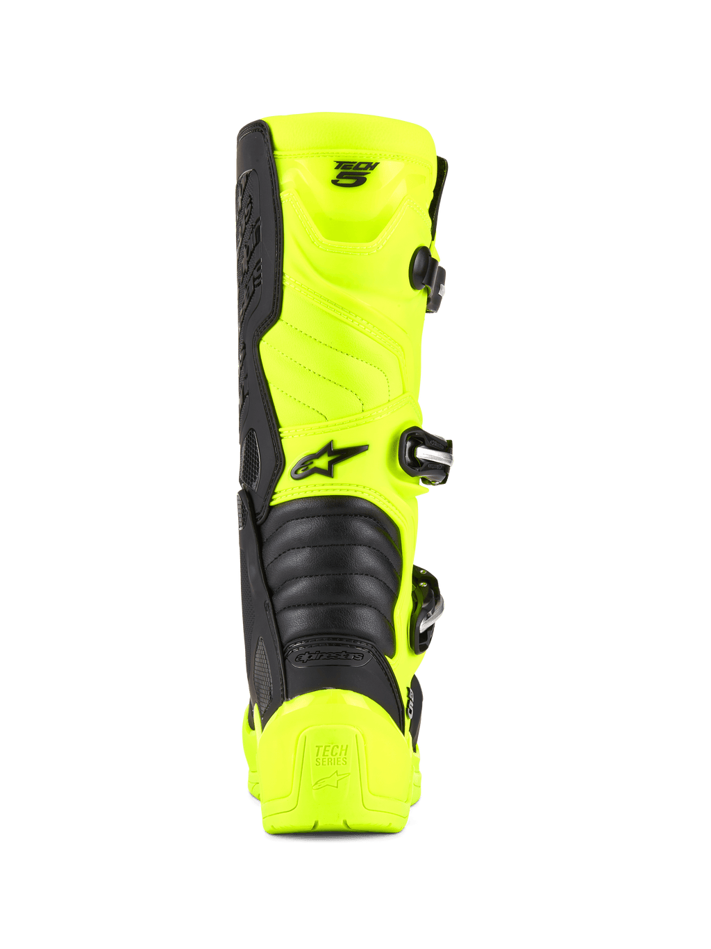 Buty Alpinestars Tech 5, buty motocrossowe i terenowe, żółty fluo i czarny, widok z tyłu pokazujący ochraniacz pięty, system zapięcia na klamry i harmonijkowe strefy elastyczne, profesjonalny design obuwia wyścigowego