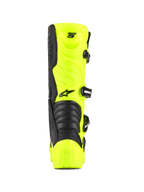 Buty Alpinestars Tech 5, buty motocrossowe i terenowe, żółty fluo i czarny, widok z tyłu pokazujący ochraniacz pięty, system zapięcia na klamry i harmonijkowe strefy elastyczne, profesjonalny design obuwia wyścigowego