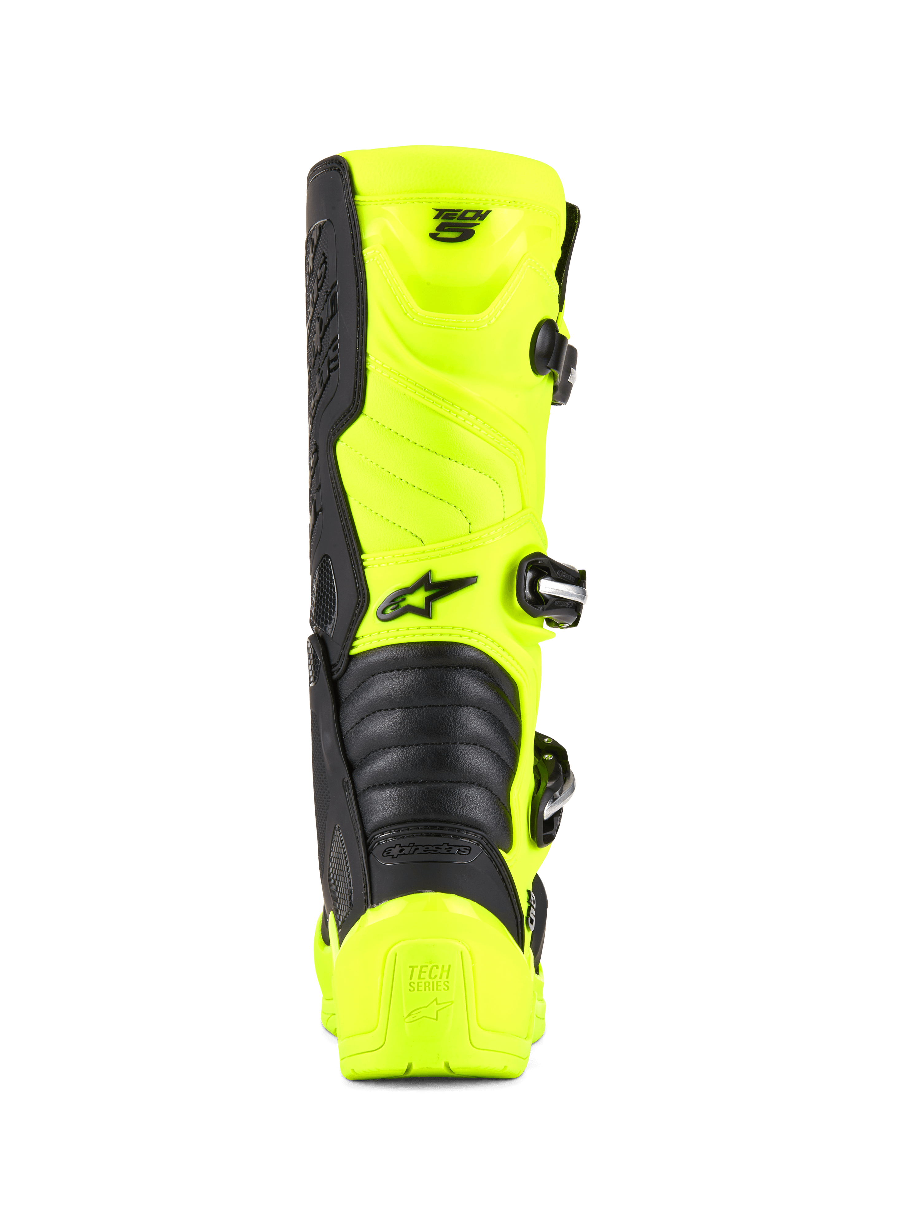 Buty Alpinestars Tech 5, buty motocrossowe i terenowe, żółty fluo i czarny, widok z tyłu pokazujący ochraniacz pięty, system zapięcia na klamry i harmonijkowe strefy elastyczne, profesjonalny design obuwia wyścigowego