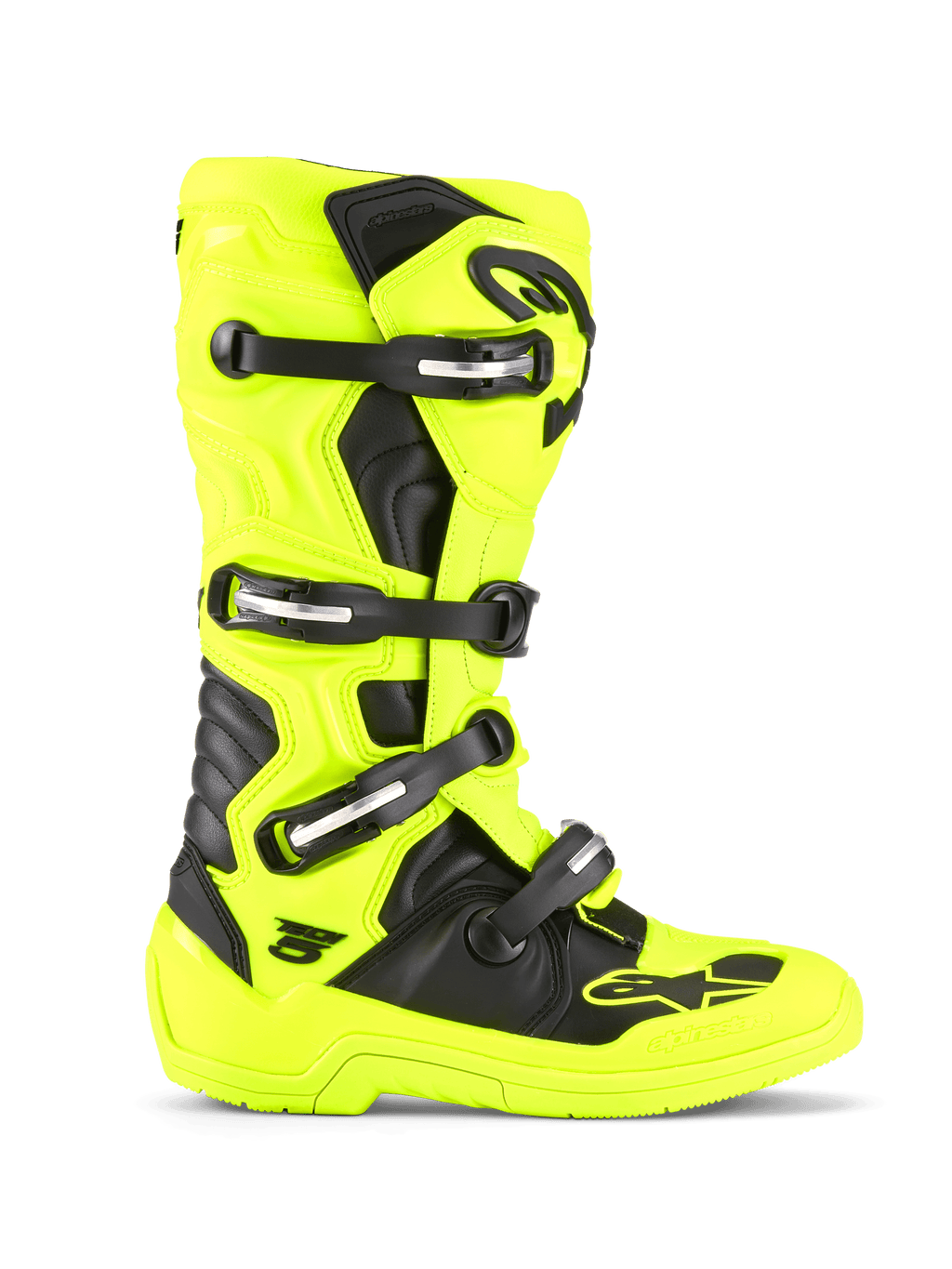 Buty Alpinestars Tech 5, buty motocrossowe i off-road, żółte fluo i czarne, system zapinania na cztery klamry, ochronna skorupa TPU, biomechaniczna konstrukcja przegubu, wytrzymała podeszwa wyścigowa