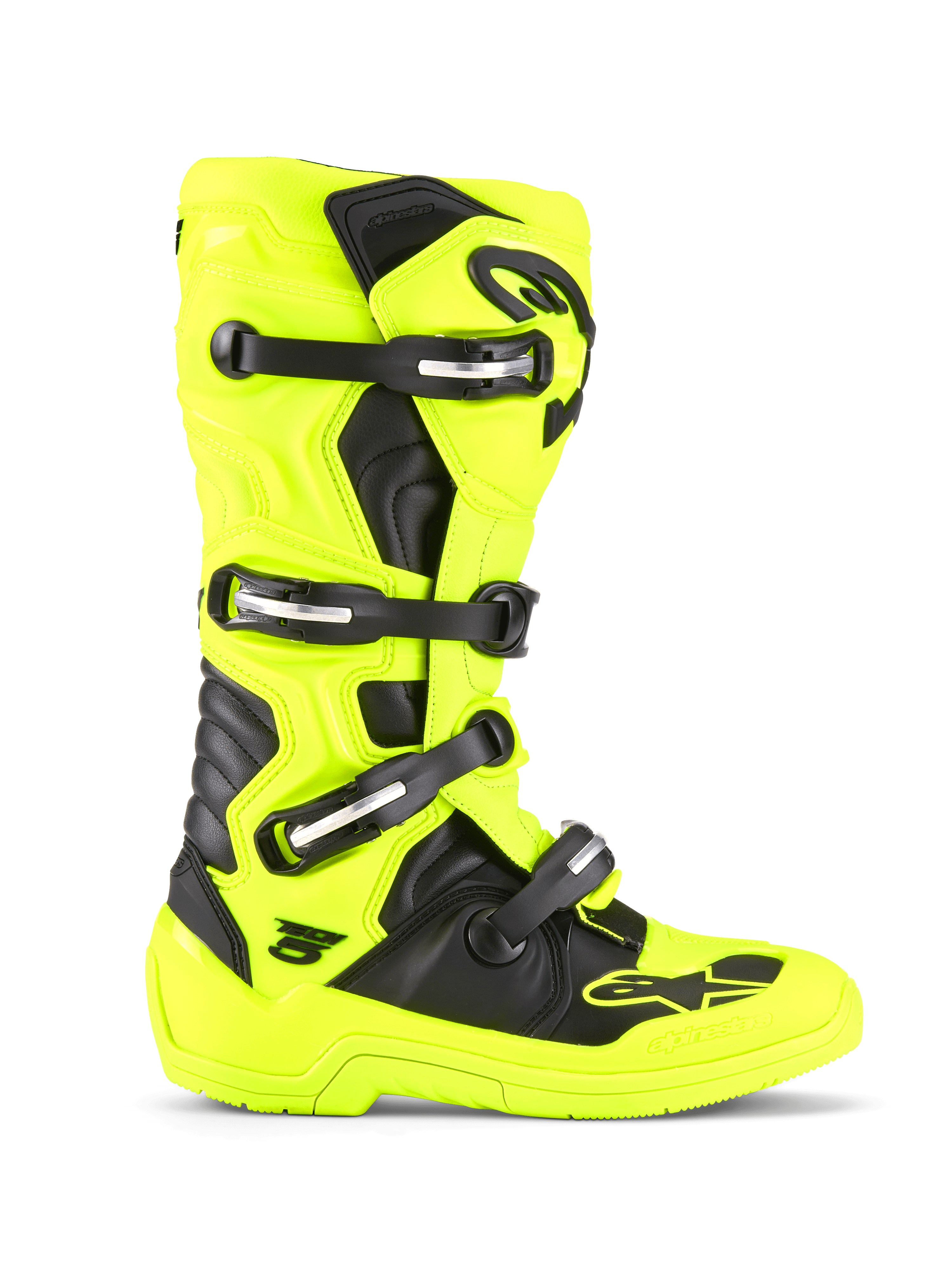 Buty Alpinestars Tech 5, buty motocrossowe i off-road, żółte fluo i czarne, system zapinania na cztery klamry, ochronna skorupa TPU, biomechaniczna konstrukcja przegubu, wytrzymała podeszwa wyścigowa