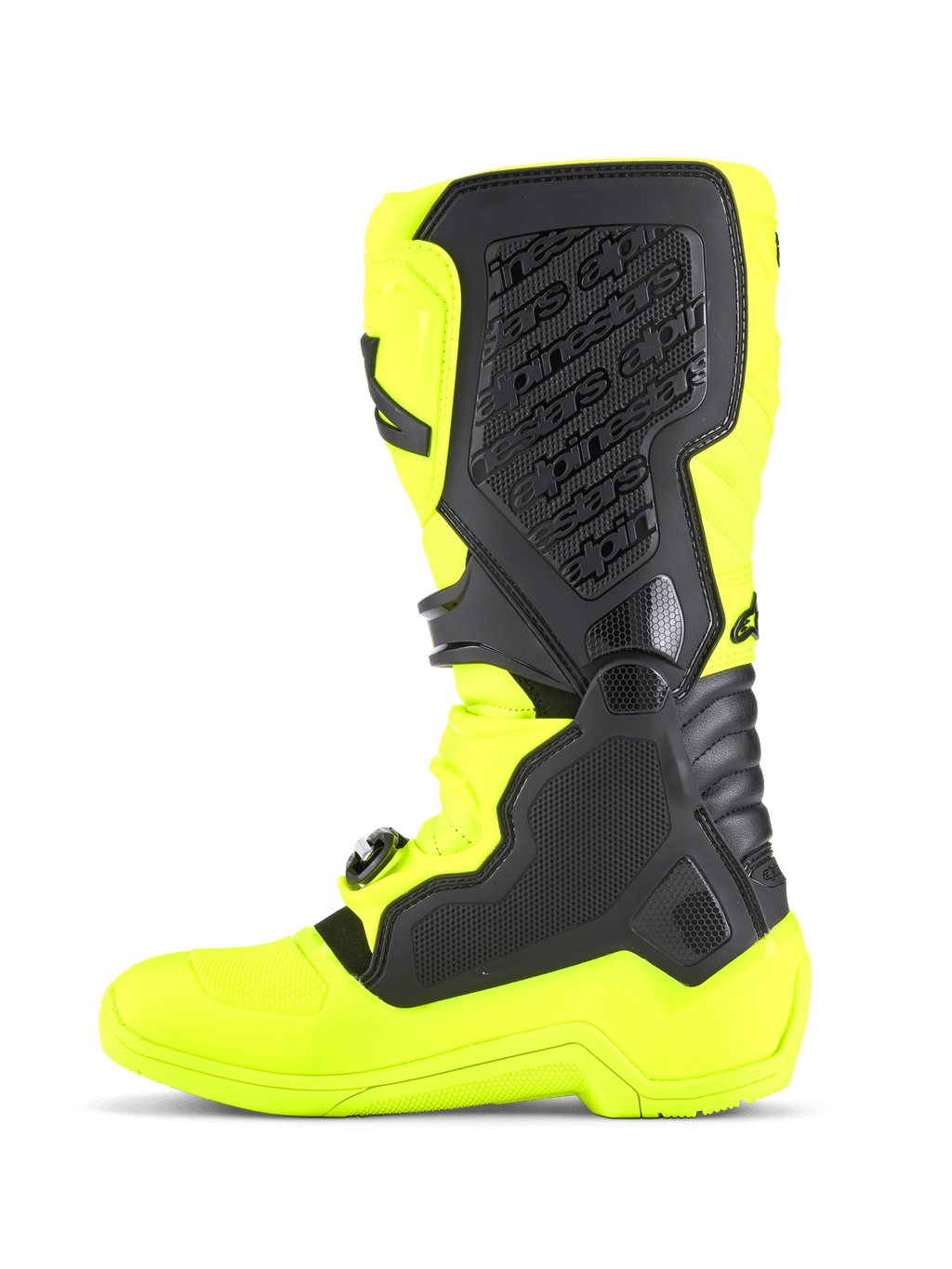 Buty Alpinestars Tech 5, buty motocrossowe, żółte fluo i czarne, widok z boku na wytrzymały szkielet z mikrofibry, panele ochronne TPU oraz przyśrodkowy biomechaniczny system obrotowy do jazdy terenowej.