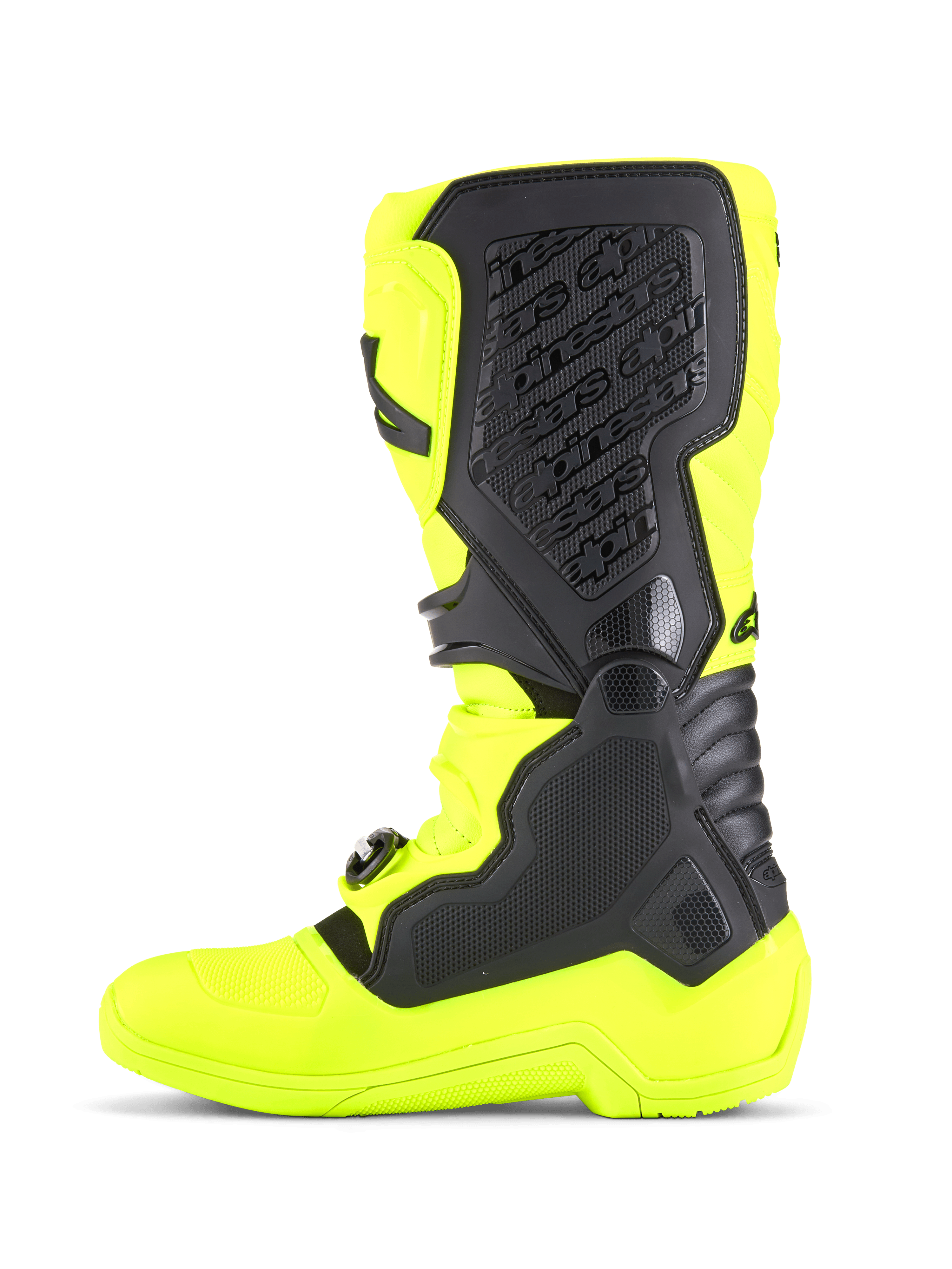 Buty Alpinestars Tech 5, buty motocrossowe, żółte fluo i czarne, widok z boku na wytrzymały szkielet z mikrofibry, panele ochronne TPU oraz przyśrodkowy biomechaniczny system obrotowy do jazdy terenowej.