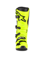 Buty Alpinestars Tech 5, buty motocrossowe, żółte fluo i czarne, widok z przodu, system zapięcia na cztery klamry, wzmocniony ochraniacz goleni z czarnym logo gwiazdy, wytrzymała wielomateriałowa konstrukcja do wyścigów terenowych