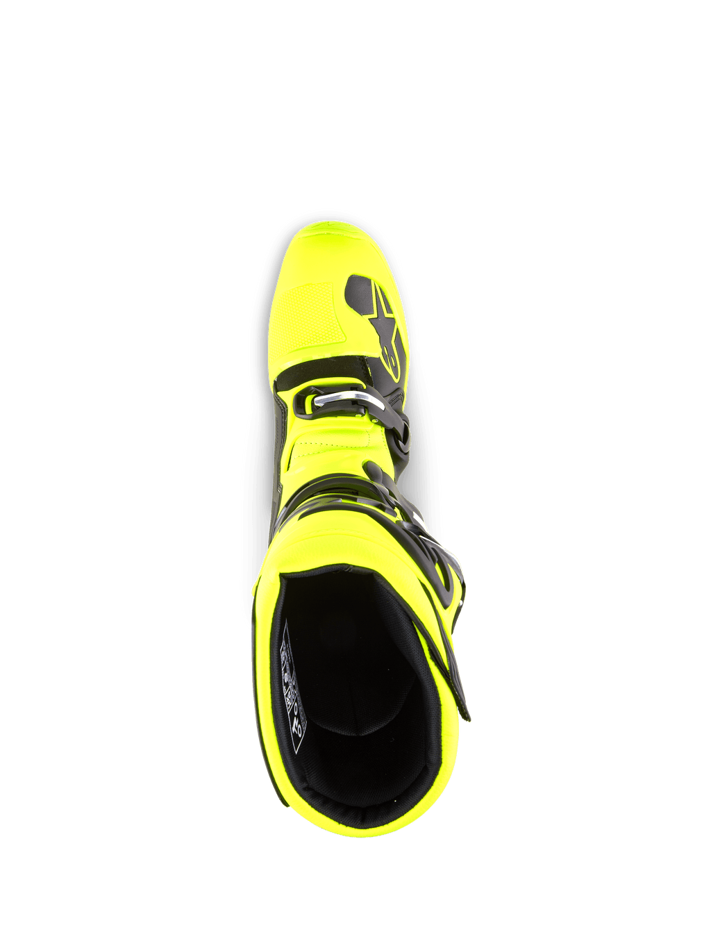 Alpinestars Tech 5 Boots, buty motocrossowe, żółty fluo i czarny, widok z góry na otwór buta, czarna wyściółka wewnętrzna, system klamer i akcenty z logo marki, zaprojektowane do jazdy terenowej