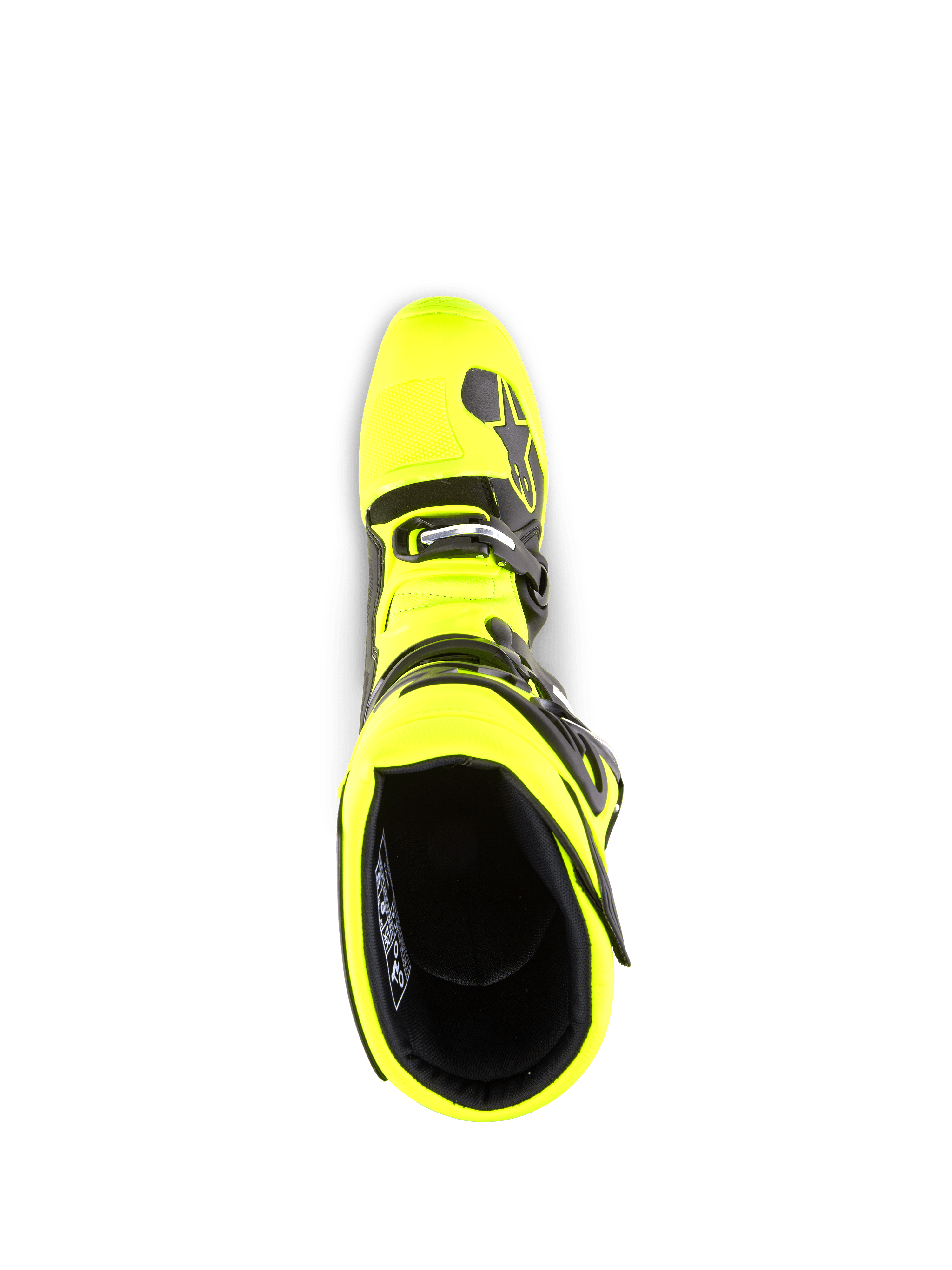 Alpinestars Tech 5 Boots, buty motocrossowe, żółty fluo i czarny, widok z góry na otwór buta, czarna wyściółka wewnętrzna, system klamer i akcenty z logo marki, zaprojektowane do jazdy terenowej