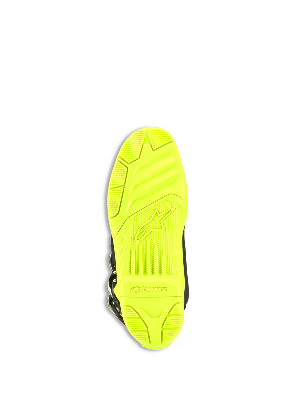 Alpinestars Tech 5 Boots, buty motocrossowe, żółty fluo, widok podeszwy od dołu z teksturą o wysokiej przyczepności, wytłoczone logo i napis Alpinestars, trwała konstrukcja z dwóch mieszanek do jazdy w terenie