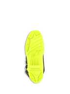 Alpinestars Tech 5 Boots, buty motocrossowe, żółty fluo, widok podeszwy od dołu z teksturą o wysokiej przyczepności, wytłoczone logo i napis Alpinestars, trwała konstrukcja z dwóch mieszanek do jazdy w terenie