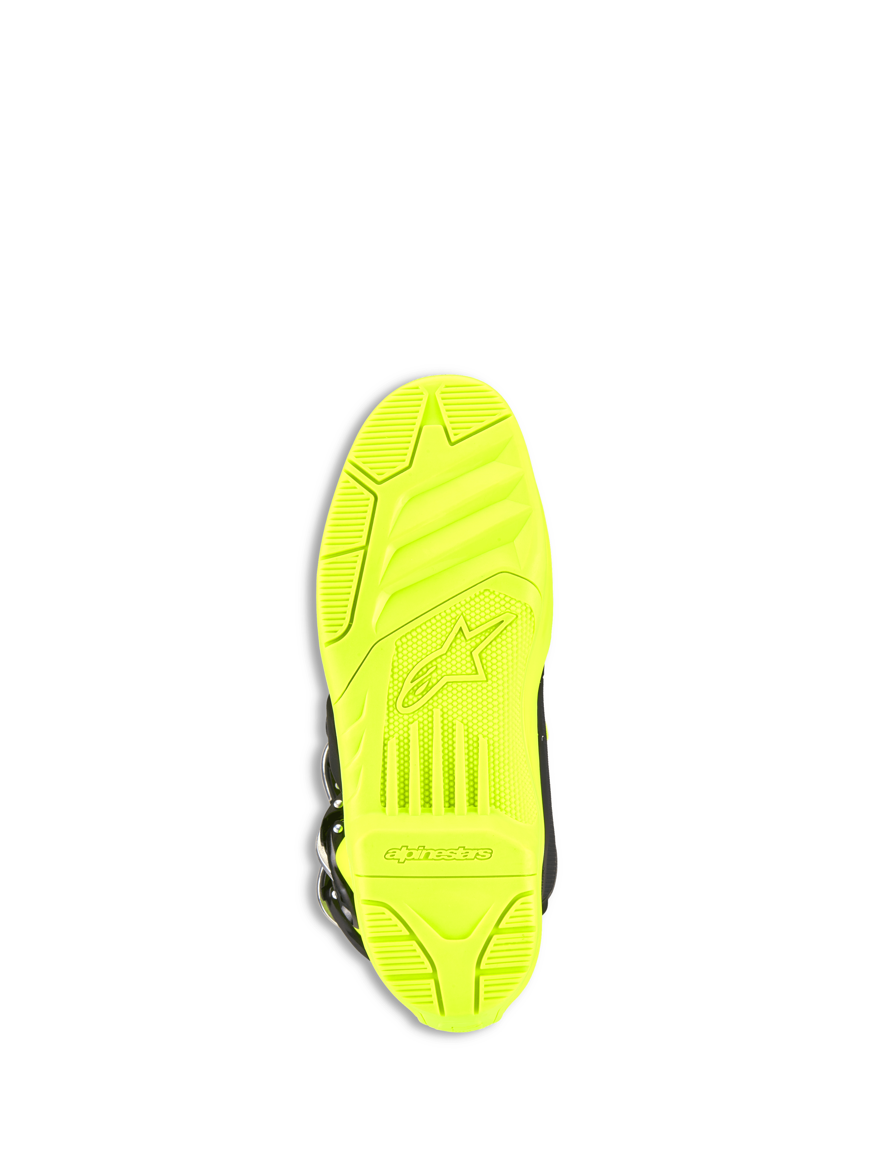 Alpinestars Tech 5 Boots, buty motocrossowe, żółty fluo, widok podeszwy od dołu z teksturą o wysokiej przyczepności, wytłoczone logo i napis Alpinestars, trwała konstrukcja z dwóch mieszanek do jazdy w terenie