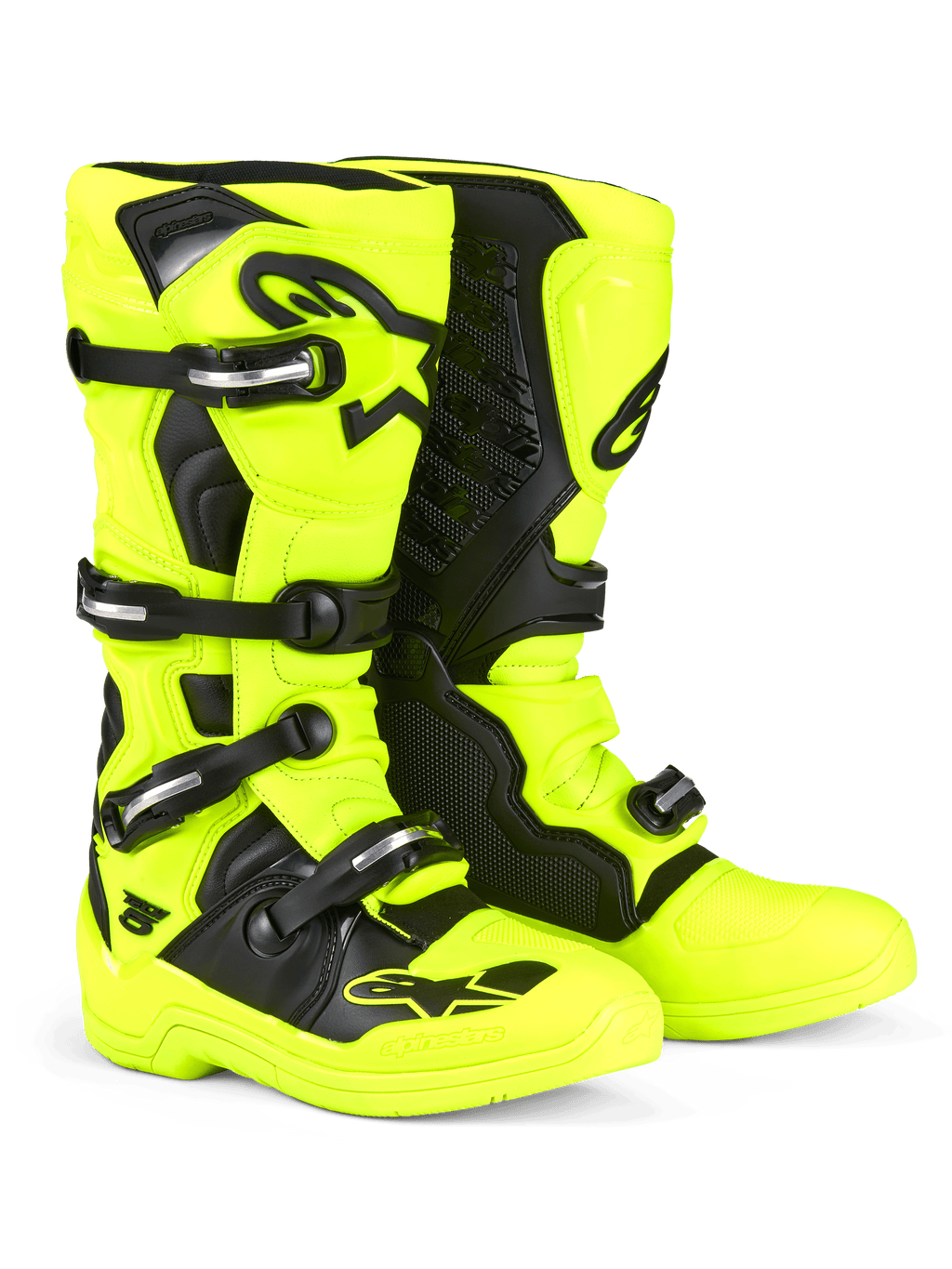 Buty Alpinestars Tech 5, buty motocrossowe, żółte fluo i czarne, wyposażone w system zapięć na klamry ze srebrnymi elementami, czarne panele ochronne i wyraźne logo Alpinestars na goleniach i palcach, zaprojektowane do jazdy terenowej
