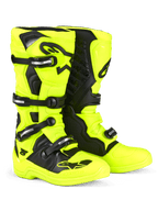 Buty Alpinestars Tech 5, buty motocrossowe, żółte fluo i czarne, wyposażone w system zapięć na klamry ze srebrnymi elementami, czarne panele ochronne i wyraźne logo Alpinestars na goleniach i palcach, zaprojektowane do jazdy terenowej