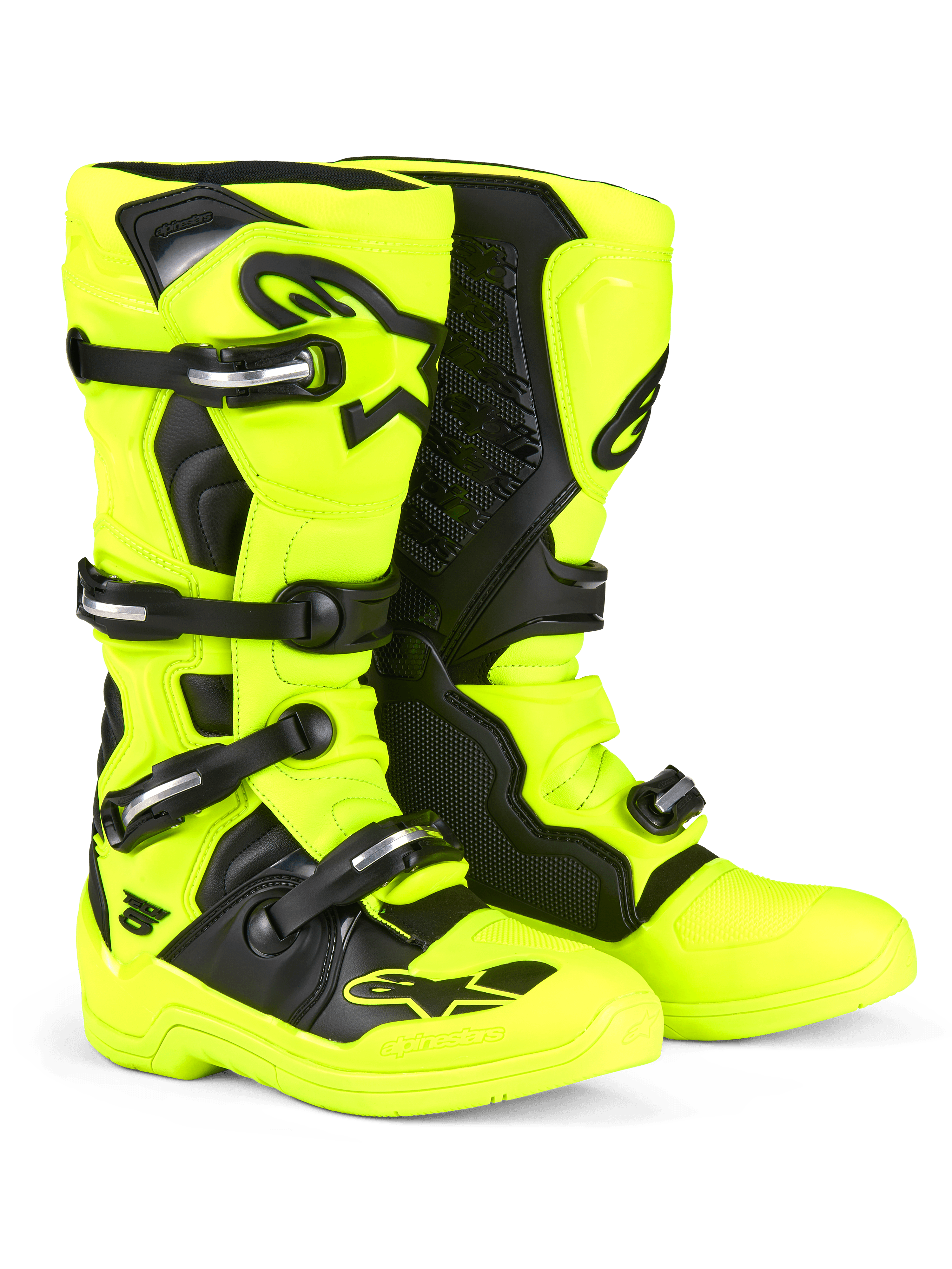 Buty Alpinestars Tech 5, buty motocrossowe, żółte fluo i czarne, wyposażone w system zapięć na klamry ze srebrnymi elementami, czarne panele ochronne i wyraźne logo Alpinestars na goleniach i palcach, zaprojektowane do jazdy terenowej