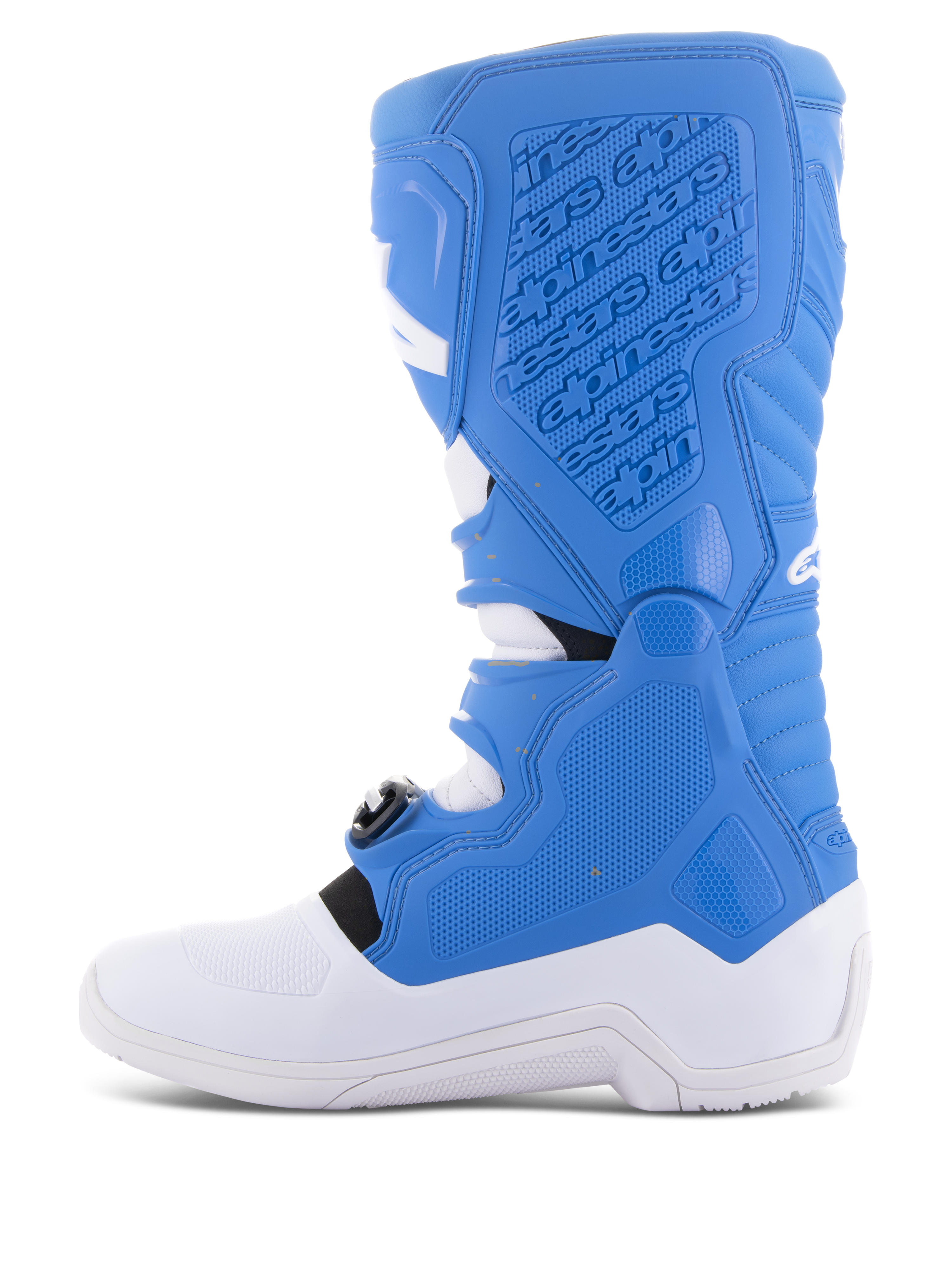 Alpinestars Tech 5 Boots, Motocross Boots, Blue and White, side profile showing medial panel with embossed branding, textured grip surfaces, and durable white sole for off-road protection.