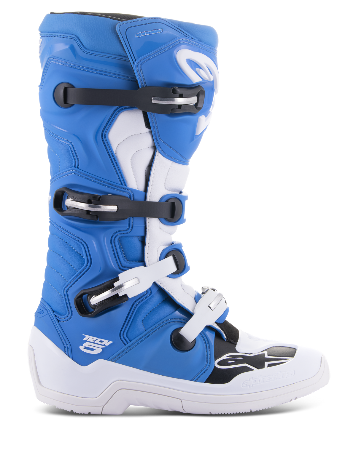 Alpinestars Tech 5 Boots, Motocross Boots, Blue and White with black accents, high-top off-road racing design, four adjustable buckles, reinforced shin plate, Alpinestars star logo on the toe, durable construction for dirt bike performance