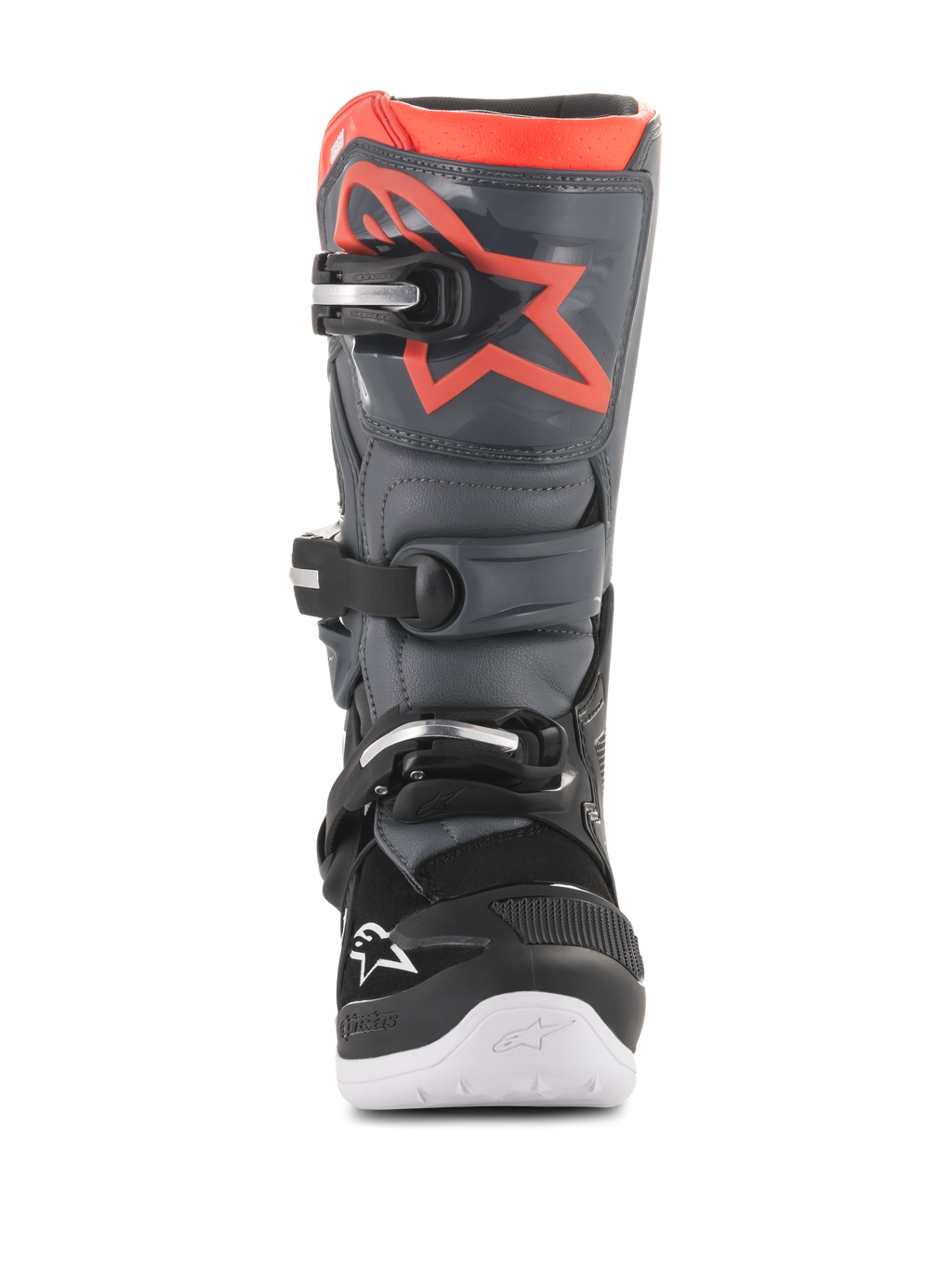 Alpinestars Youth Tech 7S Boots, buty motocrossowe, czarne i ciemnoszare z fluorescencyjnymi czerwonymi akcentami, widok z przodu, osłona goleni z TPU z czerwonym logo gwiazdy, system trzech klamer i biała zintegrowana podeszwa, wytrzymałe ochronne obuwie off-road