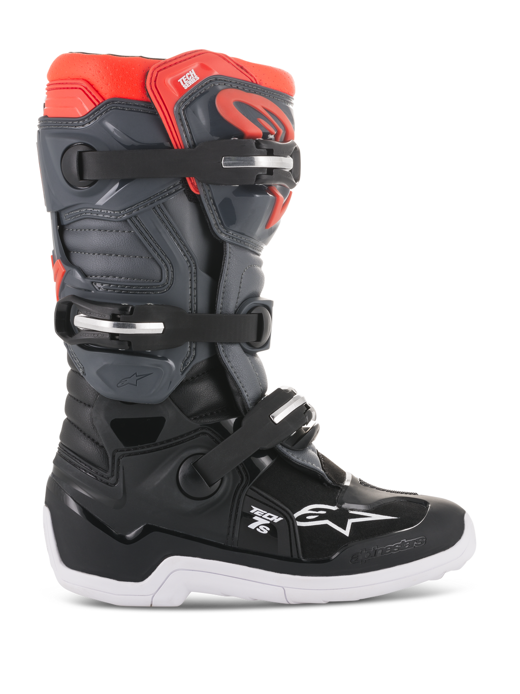 Alpinestars Youth Tech 7S Boots, buty motocyklowe motocross off-road, czarno-ciemnoszare i czerwone fluorescencyjne, wysoka konstrukcja z trzema regulowanymi klamrami, wzmocnione palce i pięta, gruba biała podeszwa z bieżnikiem, wytrzymała ochrona TPU i syntetyczna cholewka