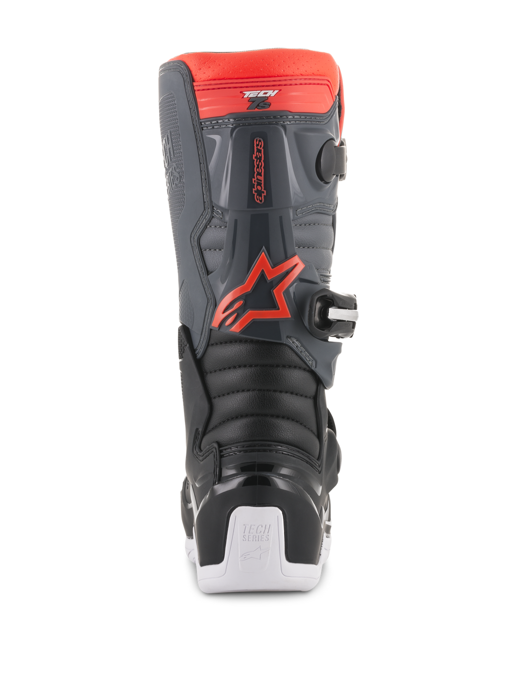 Buty Alpinestars Youth Tech 7S, buty motocrossowe, czarne, ciemnoszare i fluorescencyjne czerwone, widok z tyłu z panelami ochronnymi TPU, czerwonym fluorescencyjnym logo Alpinestars i białymi akcentami na podeszwie, wytrzymałe obuwie ochronne off-road