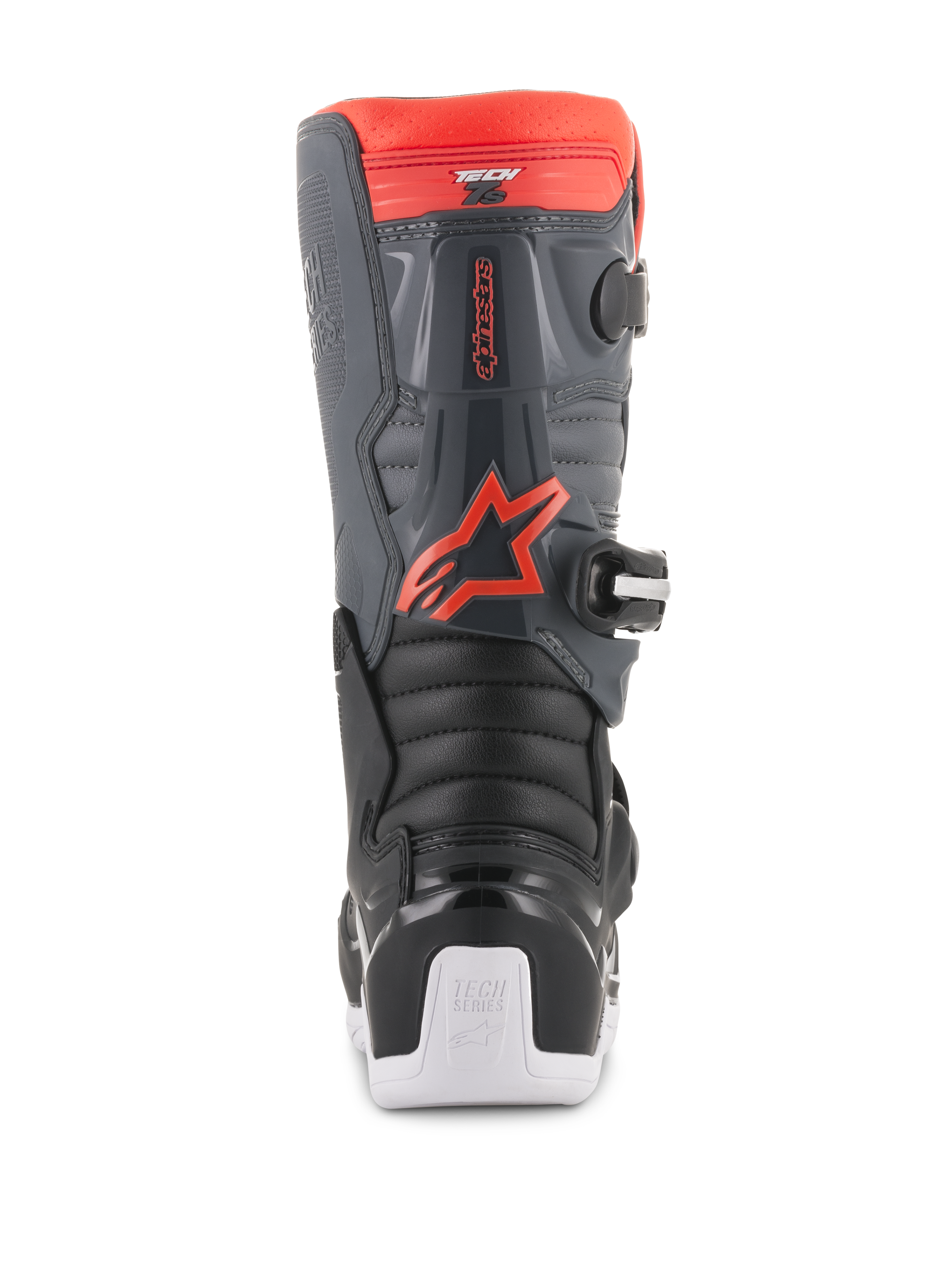 Buty Alpinestars Youth Tech 7S, buty motocrossowe, czarne, ciemnoszare i fluorescencyjne czerwone, widok z tyłu z panelami ochronnymi TPU, czerwonym fluorescencyjnym logo Alpinestars i białymi akcentami na podeszwie, wytrzymałe obuwie ochronne off-road