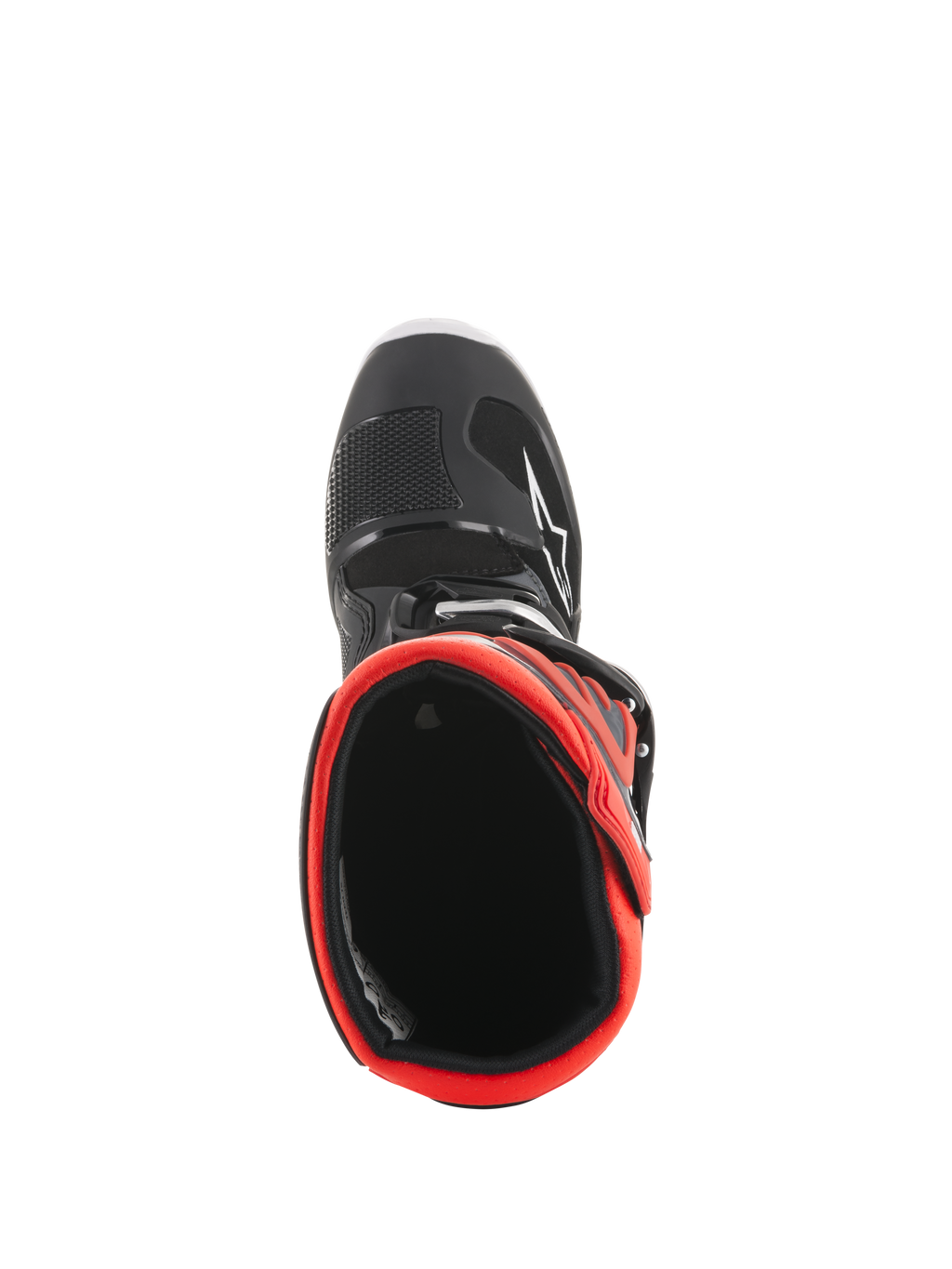 Alpinestars Youth Tech 7S Boots, buty motocrossowe, czarne i fluorescencyjne czerwone, widok z góry na czerwoną wyściółkę wewnętrzną, czarna zewnętrzna skorupa z białym logo gwiazdy, wytrzymała syntetyczna konstrukcja