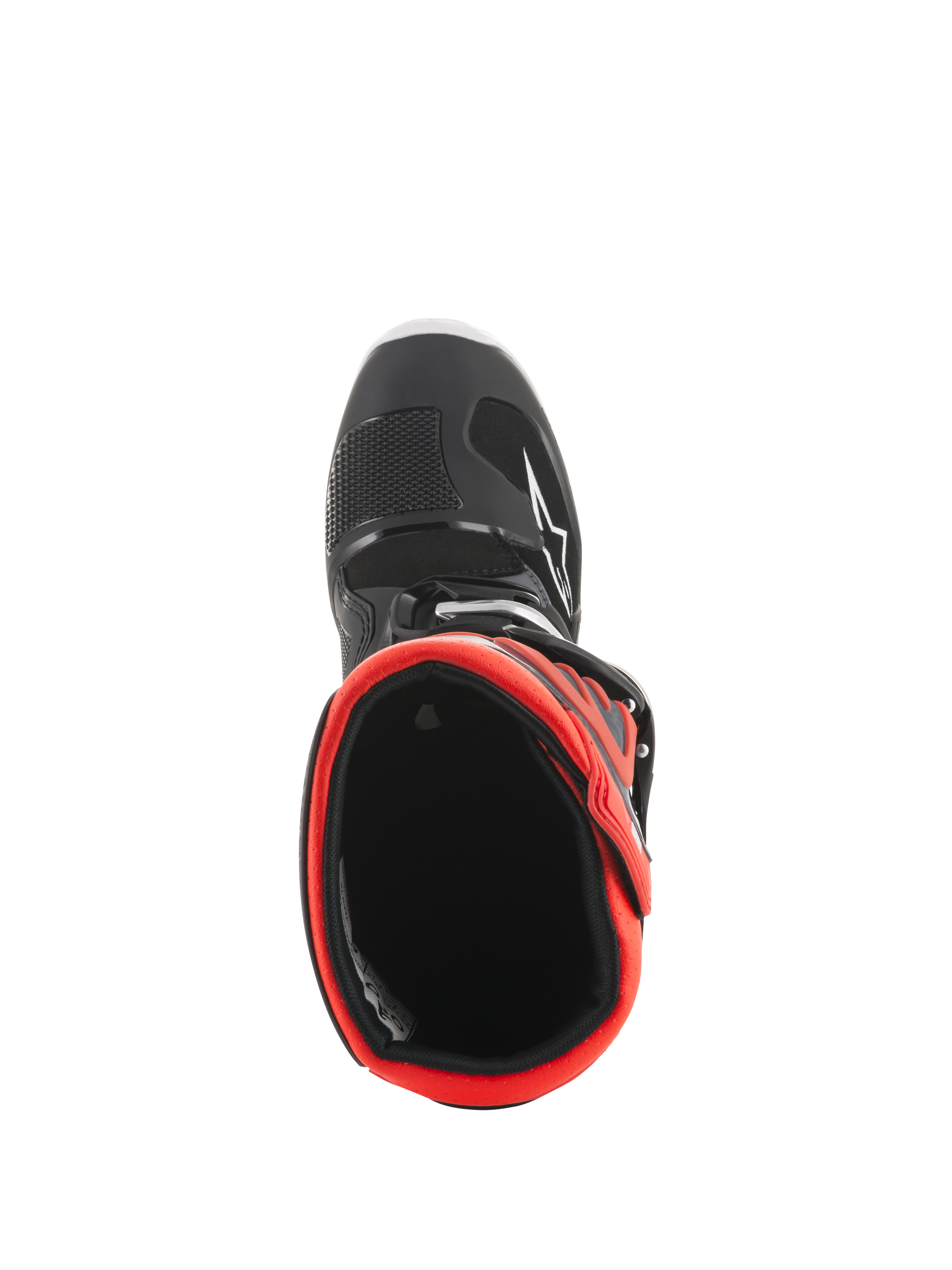 Alpinestars Youth Tech 7S Boots, buty motocrossowe, czarne i fluorescencyjne czerwone, widok z góry na czerwoną wyściółkę wewnętrzną, czarna zewnętrzna skorupa z białym logo gwiazdy, wytrzymała syntetyczna konstrukcja