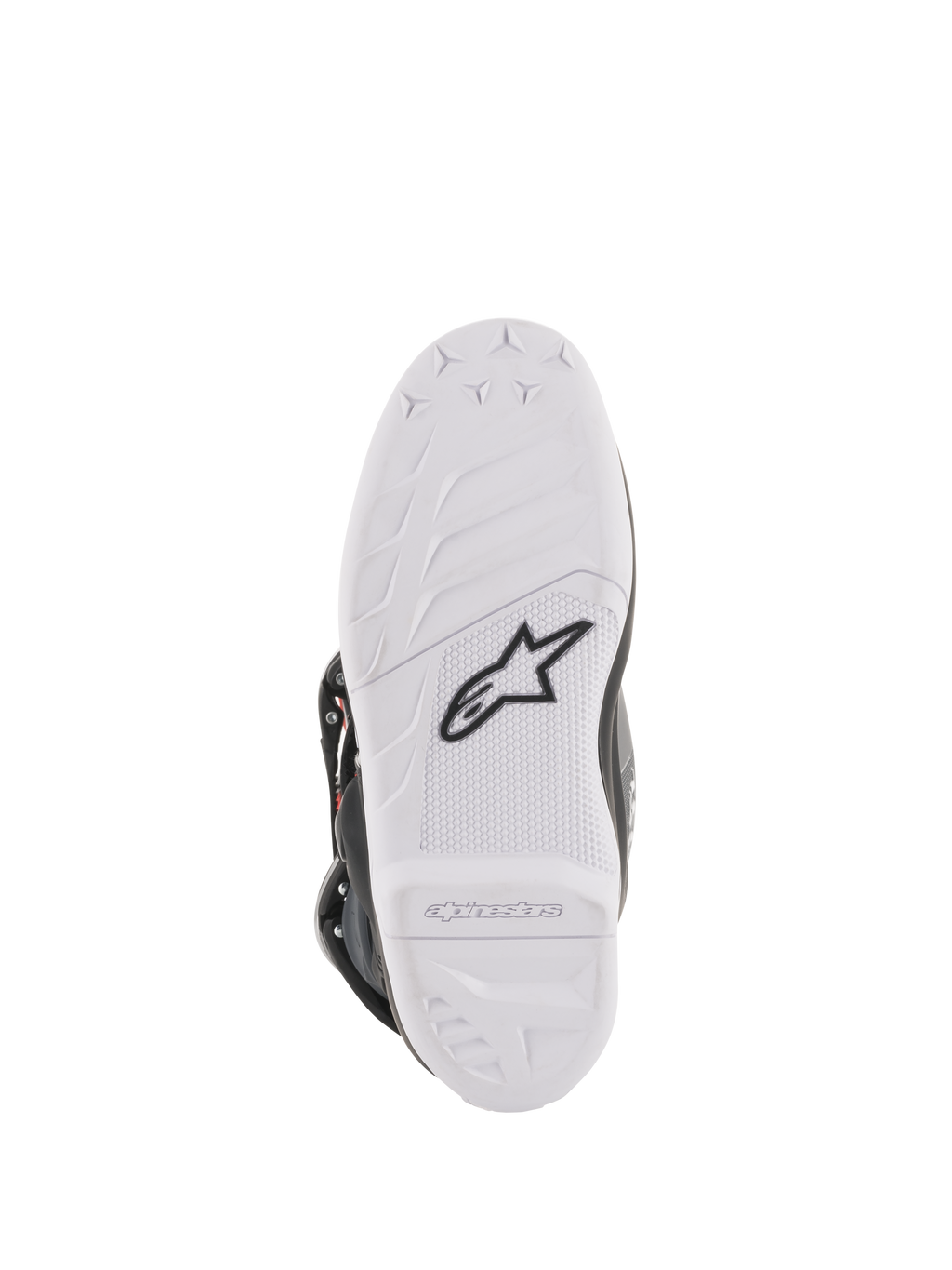 Młodzieżowe buty Alpinestars Tech 7S, buty motocrossowe, widok podeszwy w kolorze białym, czarne logo gwiazdy Alpinestars i wytłoczony branding, wytrzymała konstrukcja z mieszanki gumowej z wysokowydajnym wzorem bieżnika