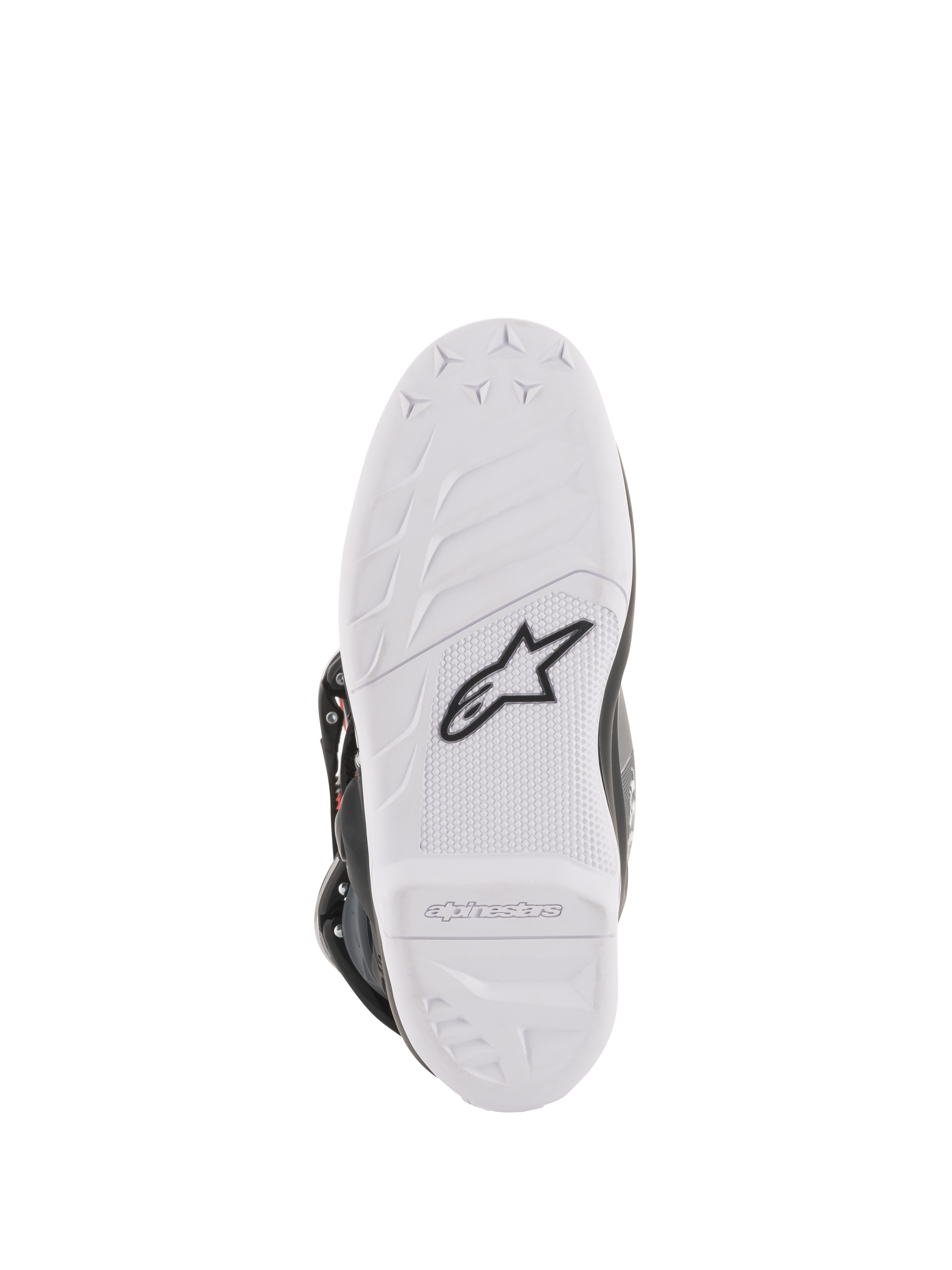 Młodzieżowe buty Alpinestars Tech 7S, buty motocrossowe, widok podeszwy w kolorze białym, czarne logo gwiazdy Alpinestars i wytłoczony branding, wytrzymała konstrukcja z mieszanki gumowej z wysokowydajnym wzorem bieżnika