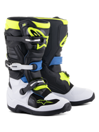 Alpinestars Youth Tech 7S Boots, Motocross Boots, Black Enamel Blue Yellow Fluo and White, featuring high-impact buckle closures, TPU shin plates, and flexible pivot system for junior off-road performance.