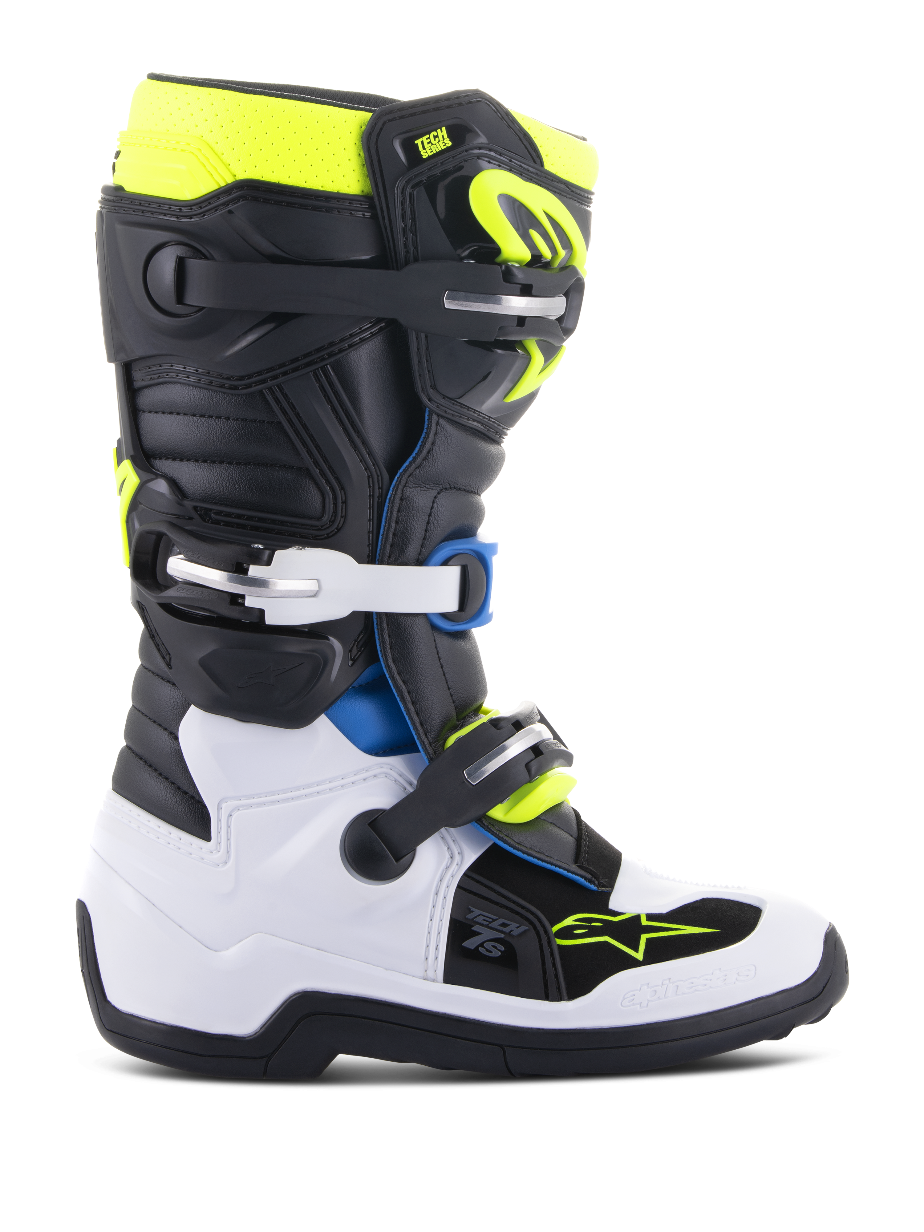 Alpinestars Youth Tech 7S Boots, Motocross Boots for Young Riders, Black White and Yellow Fluo with Blue accents, featuring an adjustable buckle system, reinforced protection panels, and high-traction sole for off-road racing