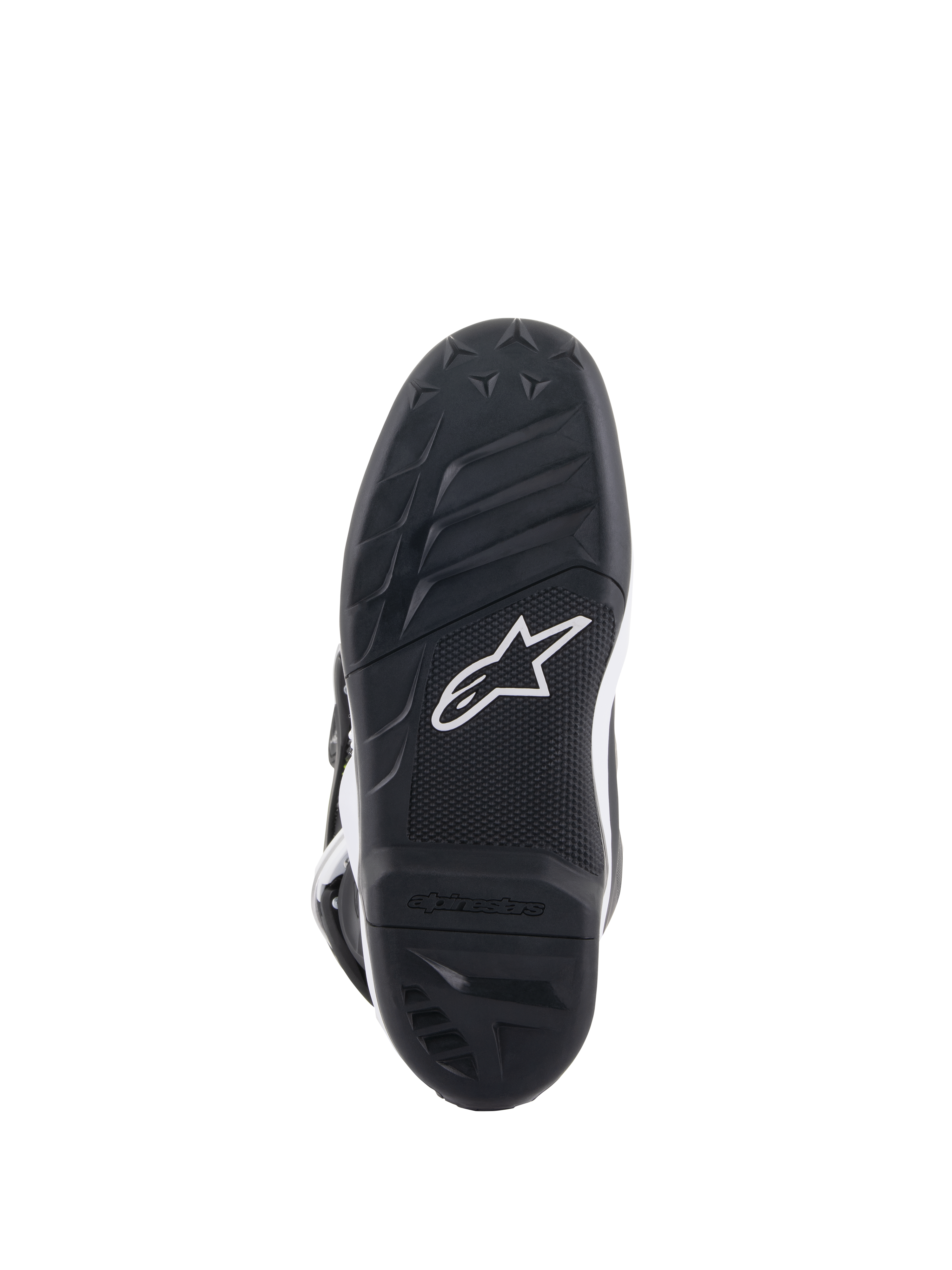 Alpinestars Youth Tech 7S Boots, Bottom Sole View, Black rubber with textured grip pattern and white Alpinestars logo, durable compound construction for youth motocross.