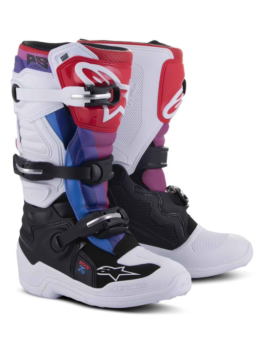 Buty Alpinestars Youth Tech 7S, buty motocrossowe, White Black Rainbow, biało-czarna baza z czerwonymi, niebieskimi i fioletowymi akcentami, system zapięć na klamry i ochronna płytka na piszczel do wyścigów terenowych