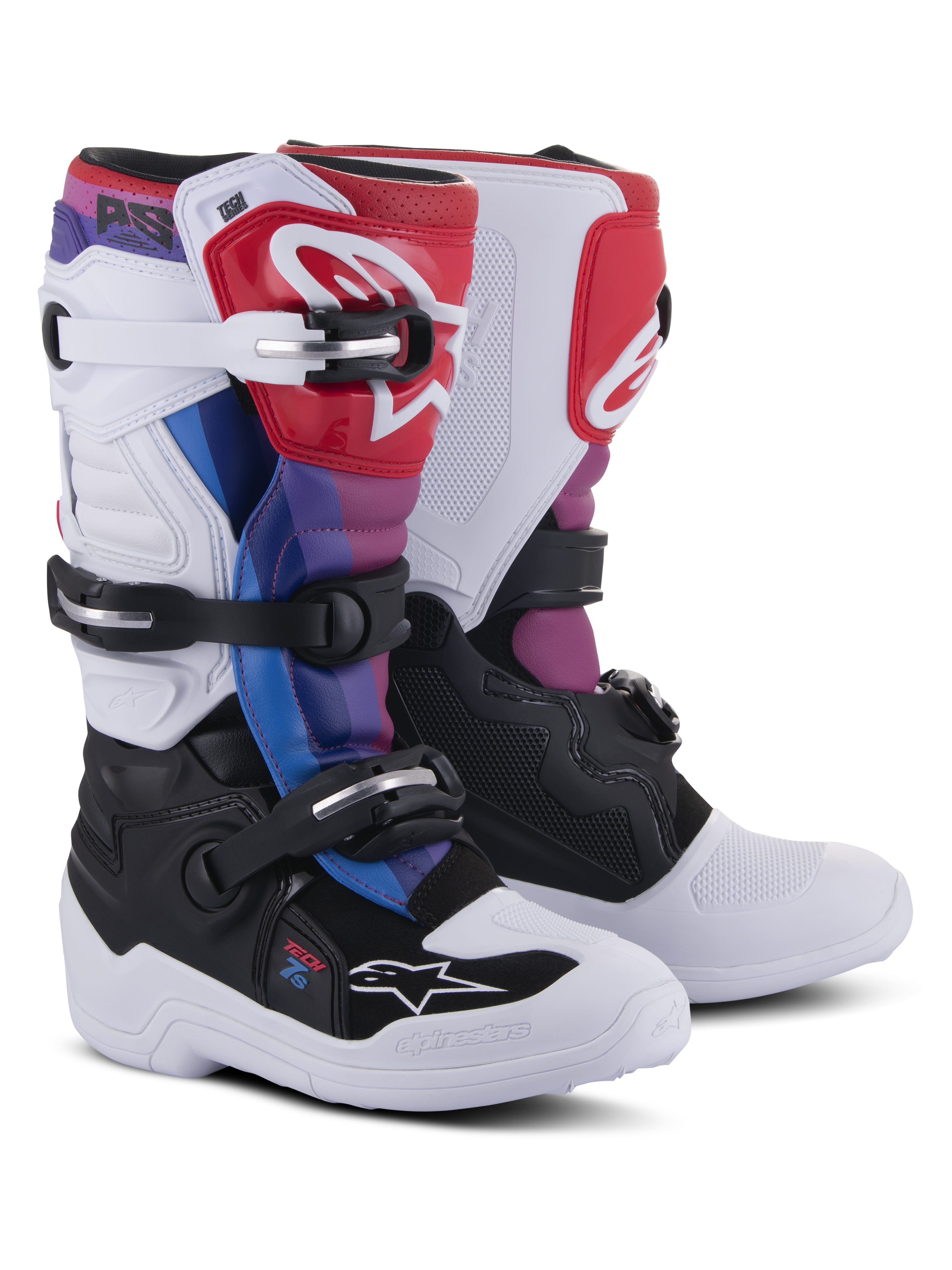 Buty Alpinestars Youth Tech 7S, buty motocrossowe, White Black Rainbow, biało-czarna baza z czerwonymi, niebieskimi i fioletowymi akcentami, system zapięć na klamry i ochronna płytka na piszczel do wyścigów terenowych