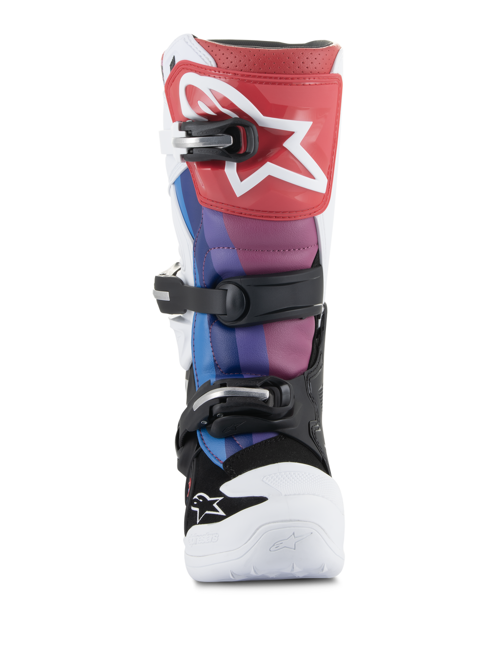 Buty Alpinestars Youth Tech 7S, buty motocrossowe, White Black Rainbow, widok z przodu z czerwoną płytą nagolenną i białym logo gwiazdy, niebieskie i fioletowe panele, czarny system klamer, biały nosek, wytrzymałe obuwie wyścigowe off-road