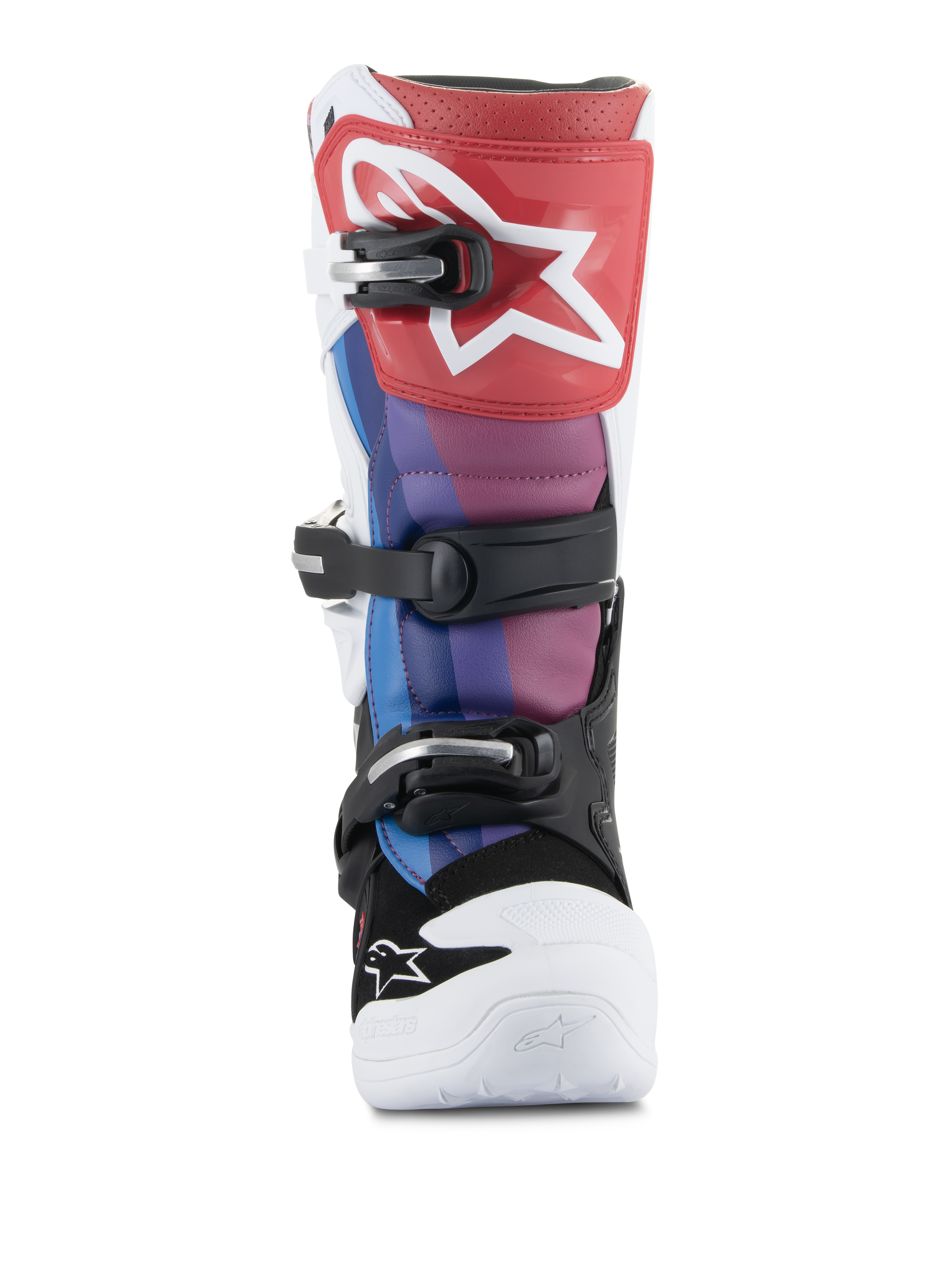 Buty Alpinestars Youth Tech 7S, buty motocrossowe, White Black Rainbow, widok z przodu z czerwoną płytą nagolenną i białym logo gwiazdy, niebieskie i fioletowe panele, czarny system klamer, biały nosek, wytrzymałe obuwie wyścigowe off-road