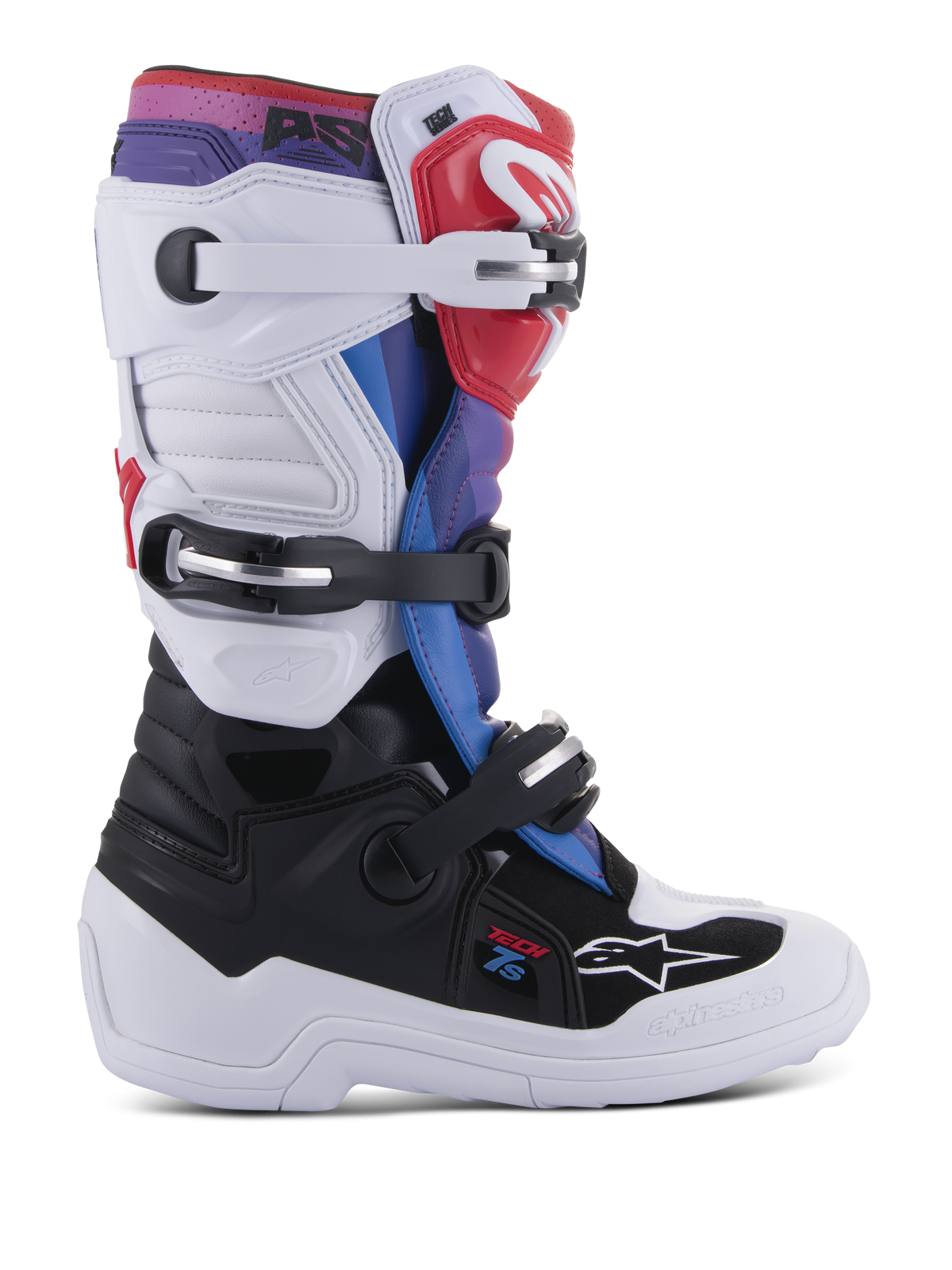 Alpinestars Youth Tech 7S Boots, Motocross Boots for Young Riders, White and Black with Red Blue and Purple accents, featuring a triple buckle closure system, protective TPU panels, and a durable thick white sole