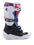 Alpinestars Youth Tech 7S Boots, buty motocrossowe dla młodych kierowców, biało-czarne z czerwonymi, niebieskimi i fioletowymi akcentami, system zapięcia na trzy klamry, ochronne panele TPU i wytrzymała biała podeszwa