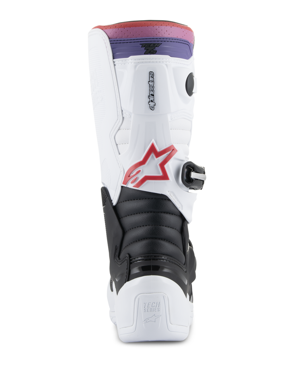 Alpinestars Youth Tech 7S Boots, buty motocrossowe, białe, czarne i tęczowe, widok z tyłu pokazujący ochronę pięty i łydki, czarna harmonijkowa strefa elastyczna, czerwone logo z gwiazdą oraz różowo-fioletowy gradientowy górny pasek