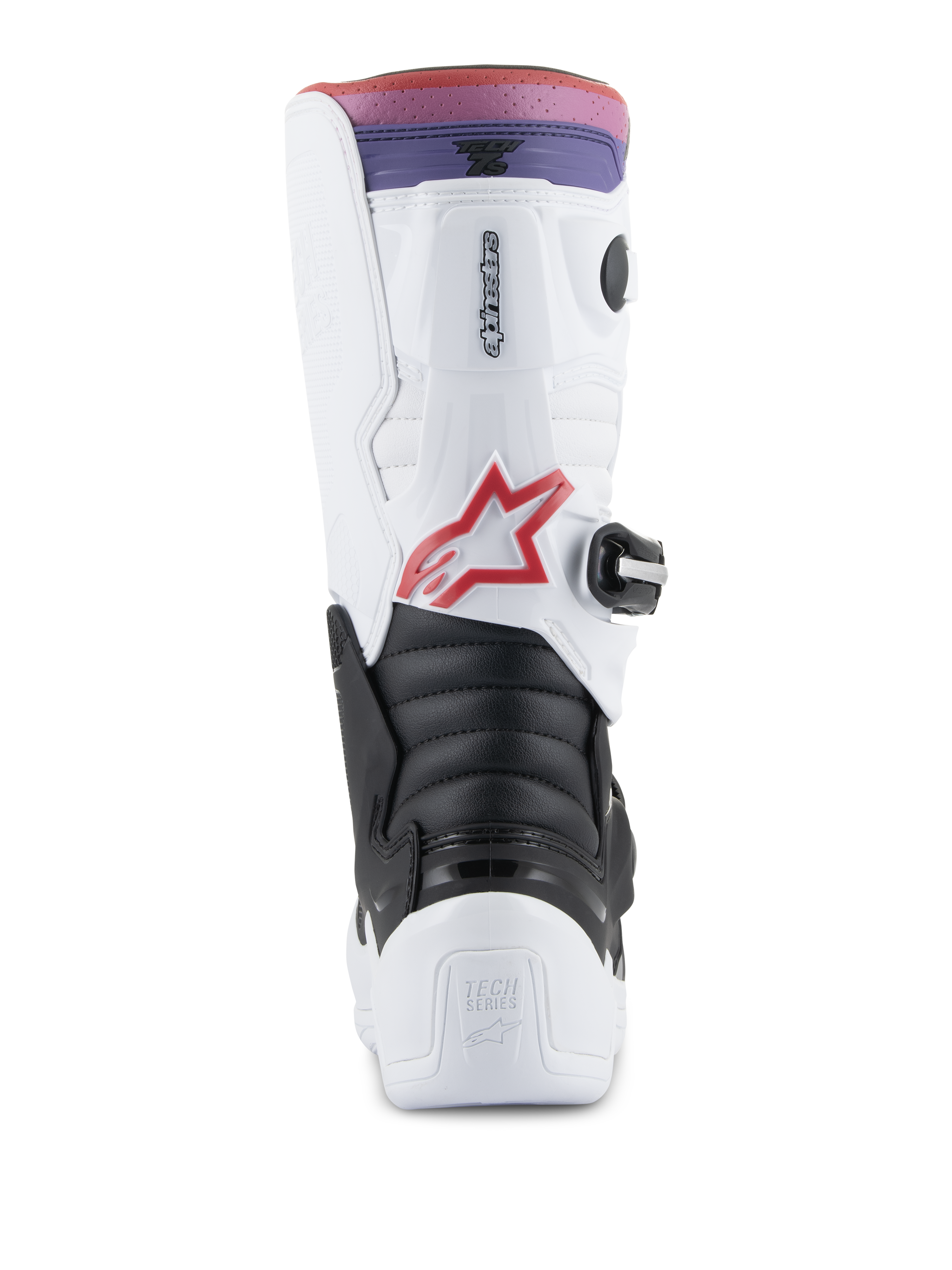Alpinestars Youth Tech 7S Boots, buty motocrossowe, białe, czarne i tęczowe, widok z tyłu pokazujący ochronę pięty i łydki, czarna harmonijkowa strefa elastyczna, czerwone logo z gwiazdą oraz różowo-fioletowy gradientowy górny pasek