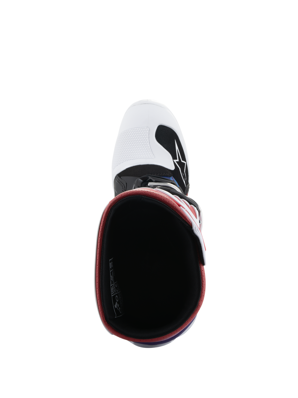 Buty Alpinestars Youth Tech 7S, buty motocrossowe, White Black Rainbow, widok z góry do wnętrza buta, czarne wnętrze z czerwoną krawędzią, biały czubek z czarnym logo Alpinestars
