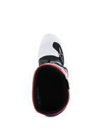 Buty Alpinestars Youth Tech 7S, buty motocrossowe, White Black Rainbow, widok z góry do wnętrza buta, czarne wnętrze z czerwoną krawędzią, biały czubek z czarnym logo Alpinestars