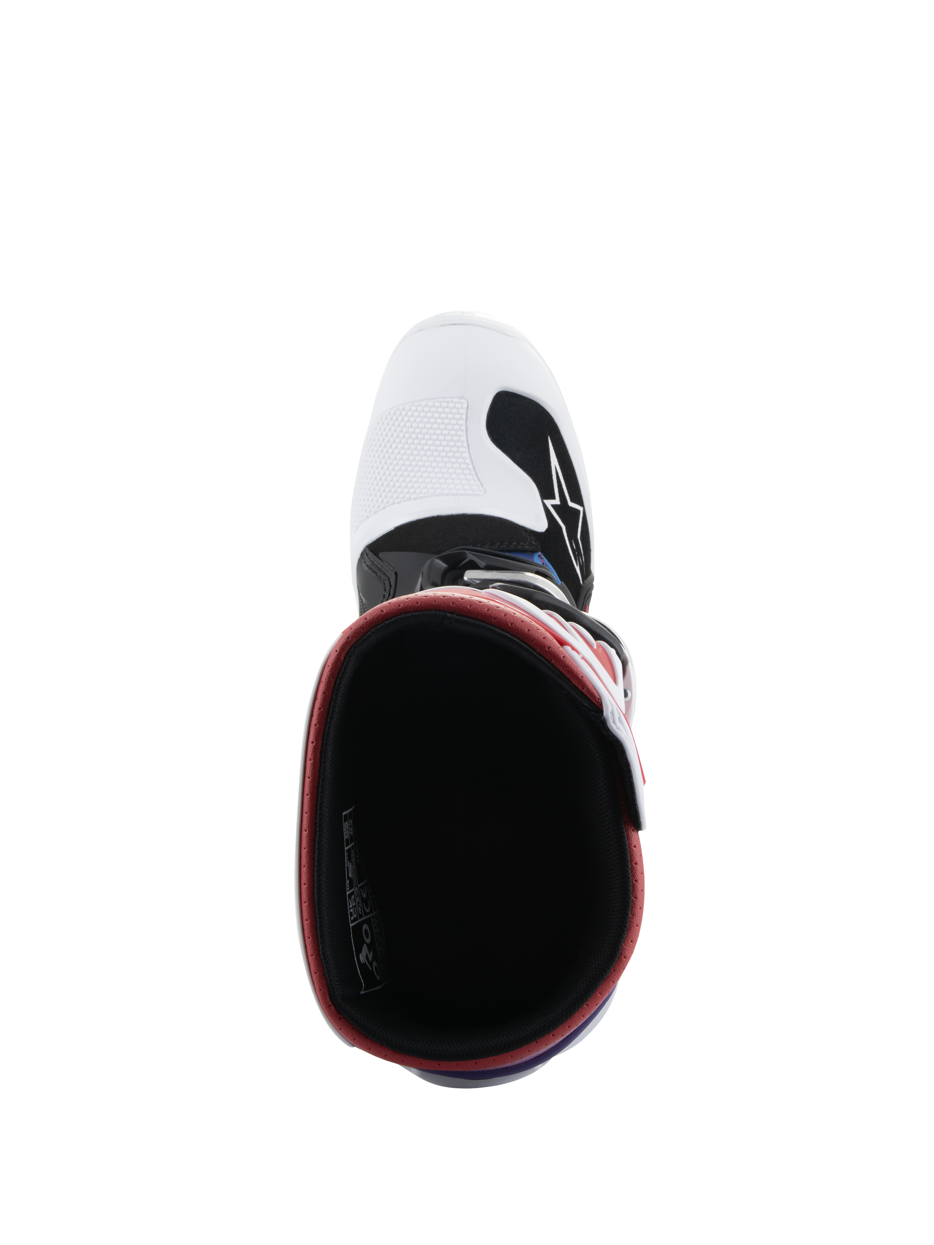 Buty Alpinestars Youth Tech 7S, buty motocrossowe, White Black Rainbow, widok z góry do wnętrza buta, czarne wnętrze z czerwoną krawędzią, biały czubek z czarnym logo Alpinestars