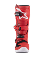 Alpinestars Youth Tech 7S Boots, Youth Motocross Boots, Red, featuring white star logo on the shin, black and silver buckle system, white sole, durable construction for off-road riding, front view