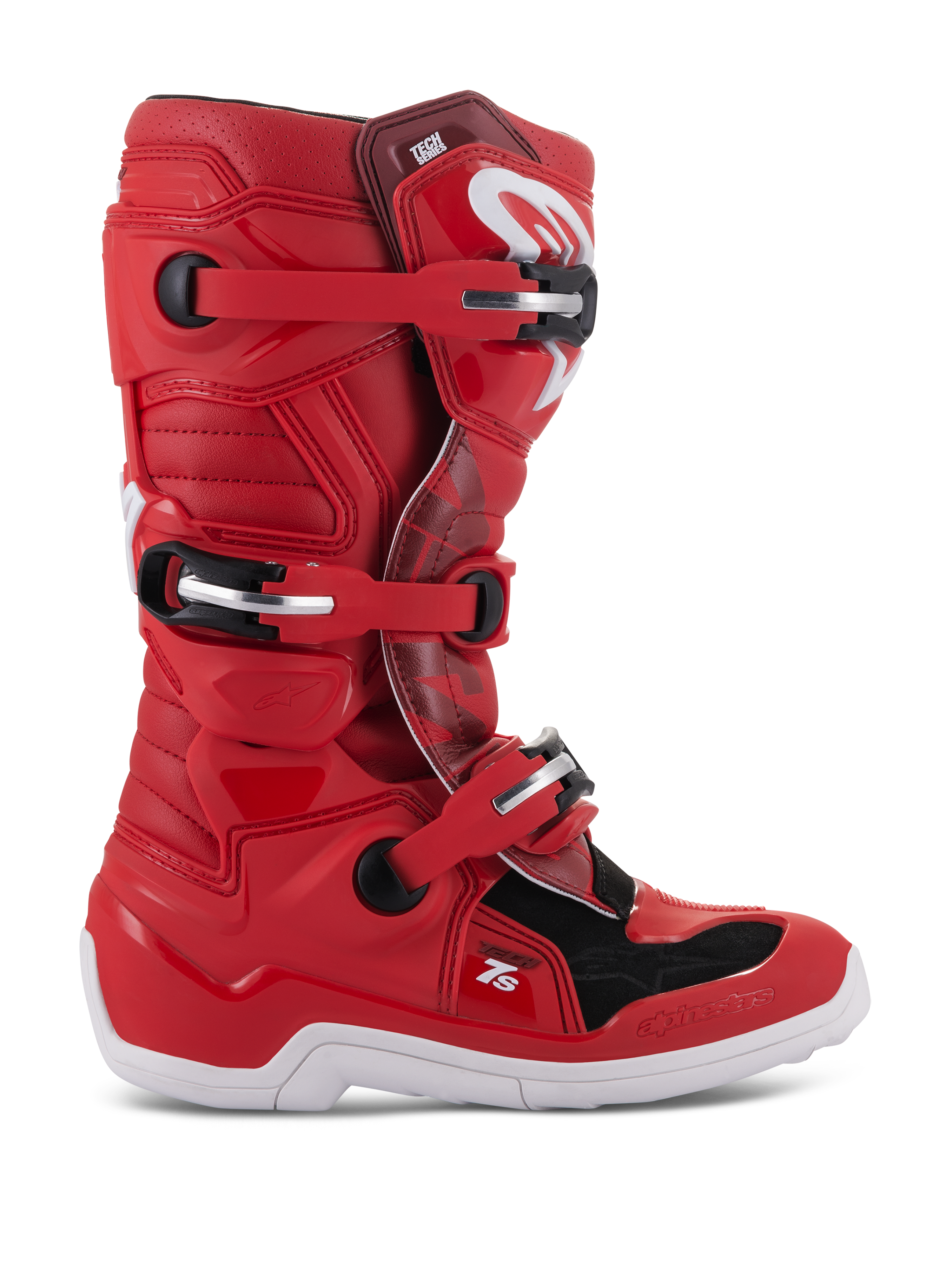 Alpinestars Youth Tech 7S Boots, Motocross Off-Road Boots, Red with Black and White accents, Multiple Buckle Fastening System, Textured Protection Panels, White Sole, Reinforced Structure for Youth Riders