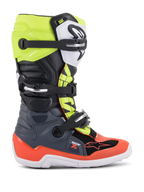 Alpinestars Youth Tech 7S Boots, Motocross Off-Road Boots, Dark Gray, Fluorescent Red and Fluorescent Yellow, featuring white sole and multiple buckle closures, rugged construction for junior riders
