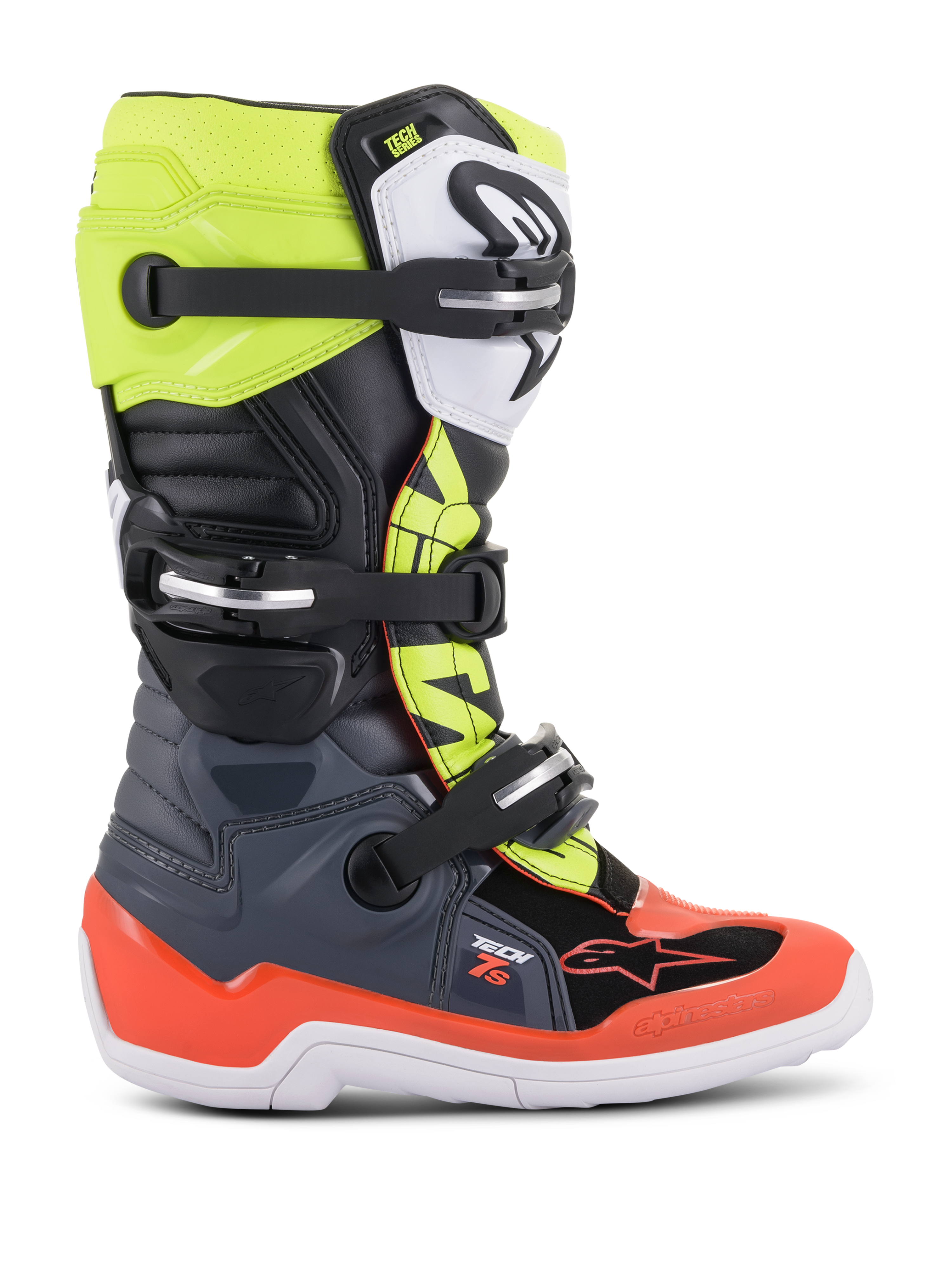 Alpinestars Youth Tech 7S Boots, buty motocrossowe off-road, ciemnoszare, jaskrawoczerwone i jaskrawożółte, z białą podeszwą i wieloma klamrami, wytrzymała konstrukcja dla młodych zawodników