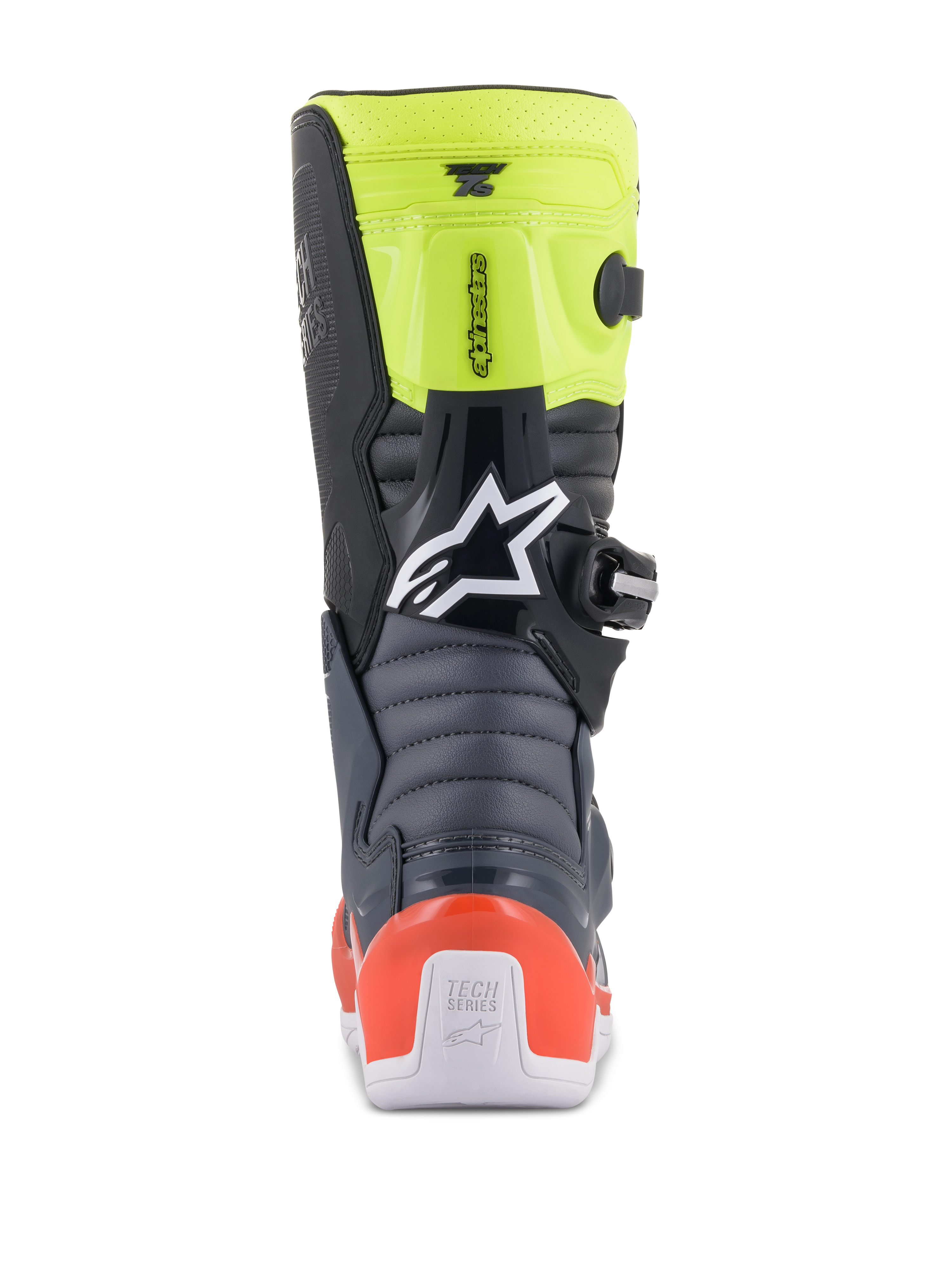 Alpinestars Youth Tech 7S Boots, Youth Motocross Boots, Dark Gray, Red Fluorescent, and Yellow Fluorescent, rear view showing accordion flex zones, red heel protector, and white Alpinestars logo
